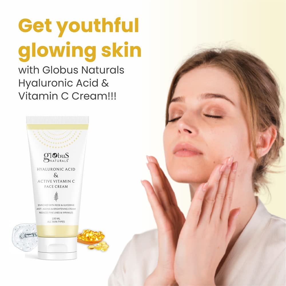 Globus Naturals Vitamin C & Hyaluronic Acid Anti-Aging Face Care Set - Brightening Facial Wash, Moisturizing Cream & Exfoliating Scrub (3-Piece Skincare Routine for Glowing Skin) - Perfect for Morning & Night Use, Travel-Friendly Skincare Kit