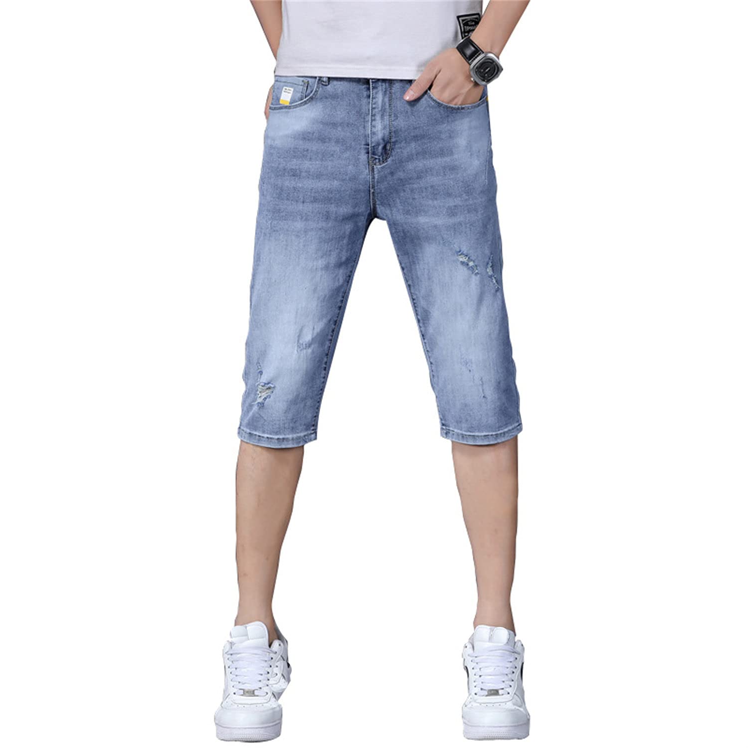 Men's Slim Fit Distressed Denim Shorts - Below Knee Length, Low Waist with Drawstring | Casual Summer Wear, Beach Outings & Street Style (Blue, Size 33)