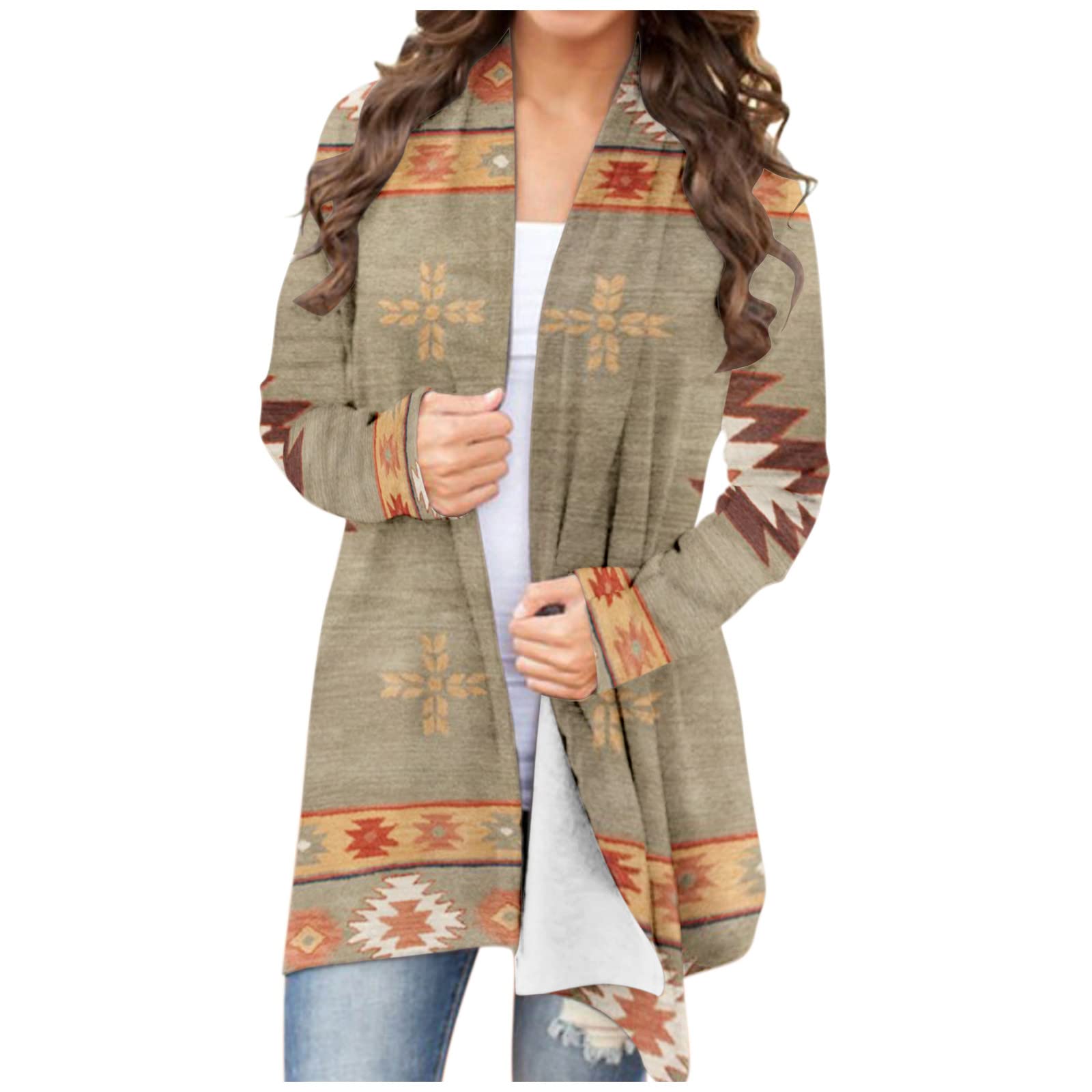 **Women's Casual Western Ethnic Print Long Sleeve Cardigan - Aztec Boho Loose Shirt Top for Plus Size 4X - Perfect for Fall Layering, Festivals & Boho Chic Outfits**