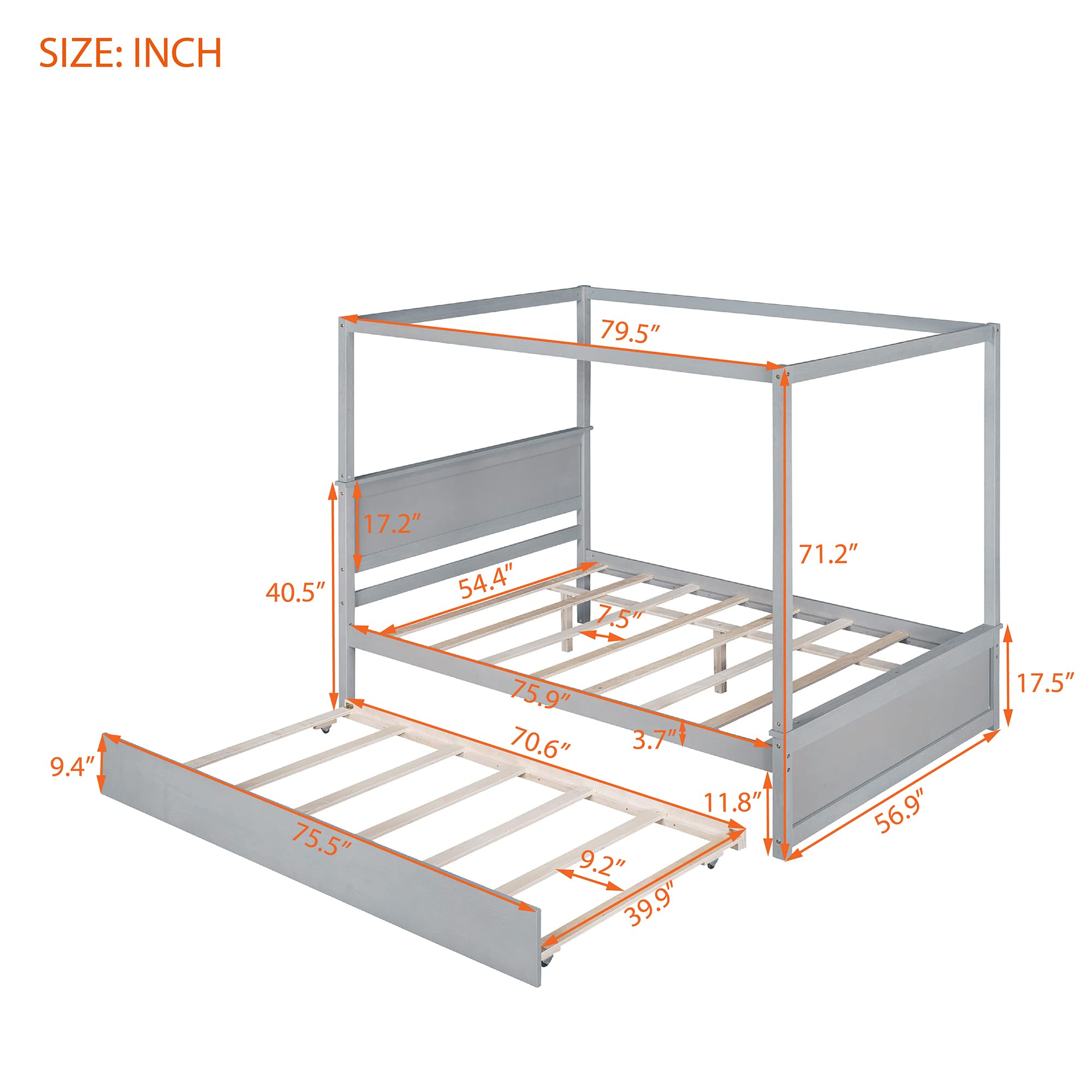 Harper & Bright Designs Full Size Canopy Platform Bed with Trundle - Solid Wood Bed Frame with 2 Nightstands, Noise Free No Box Spring Needed, Gray - Perfect for Small Bedrooms, Guest Rooms & Space-Saving Solutions