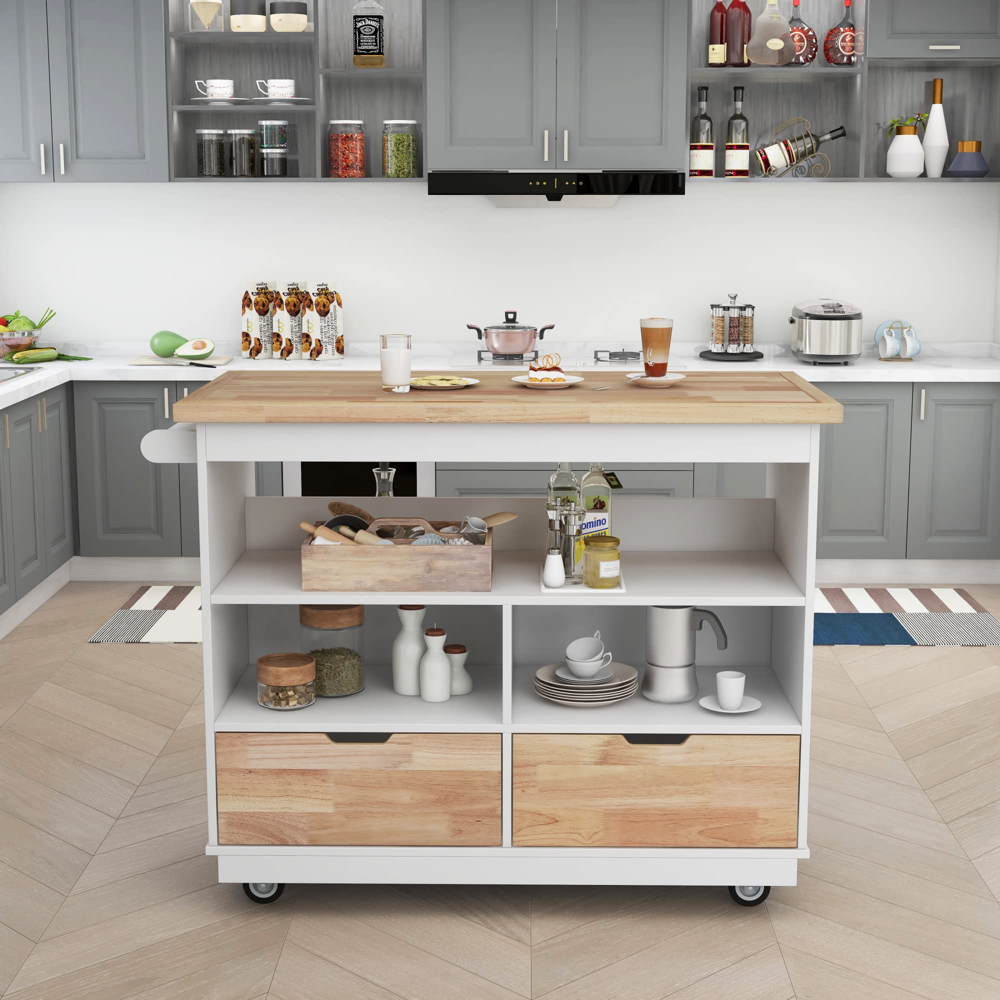 LZ LEISURE ZONE 46-Inch White Kitchen Island Cart with 2 Drawers & Shelves - Rolling Mobile Storage Cabinet for Dining Room, Small Kitchen & Apartment - Perfect for Organizing Utensils, Cookware & Tableware