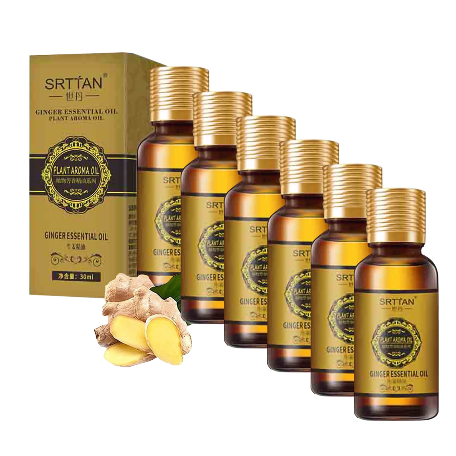 Belly Drainage Ginger Essential Oil for Weight Loss & Lymphatic Detox – Natural Swelling Relief & Pain Management (30ml, 6-Pack) – Perfect for Massage, Post-Workout Recovery & Wellness Routine
