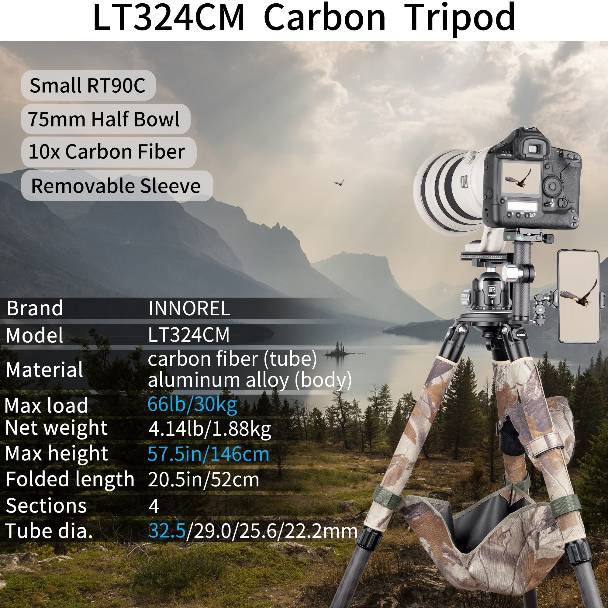 INNOREL LT324CM Carbon Fiber Tripod - Heavy Duty Camera Tripod Stand for DSLR, Bird Photography, Max Load 66lbs/30kg, 57in/146cm Height - Perfect for Travel, Outdoor Shooting & Professional Photography