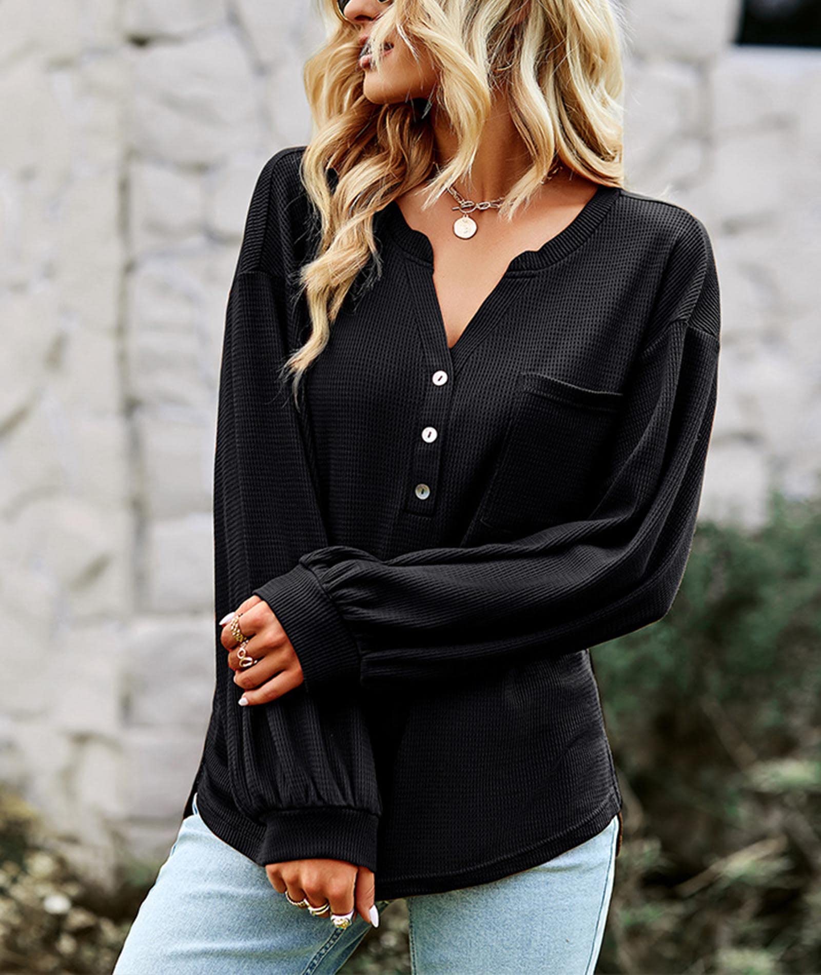 SOMTHRON Women's V-Neck Loose Knit Long Sleeve Button Down Henley Pullover Tunic Top - Casual Waffle Shirt for Everyday Wear, Office & Weekend Outfits