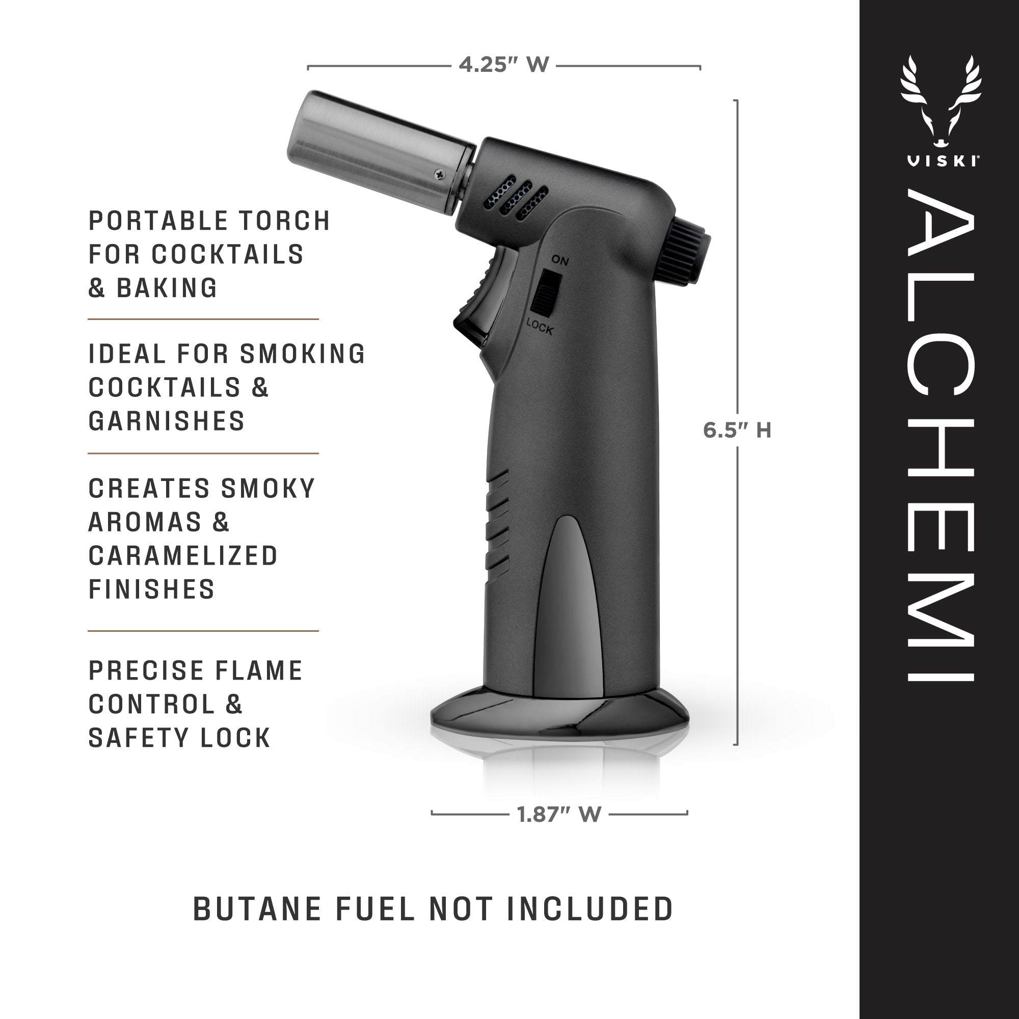 Professional Butane Culinary Torch for Cooking, Baking & Desserts - Alchemi Bartender's Torch - Perfect for Crème Brûlée, Seared Steak & Cocktail Garnishing