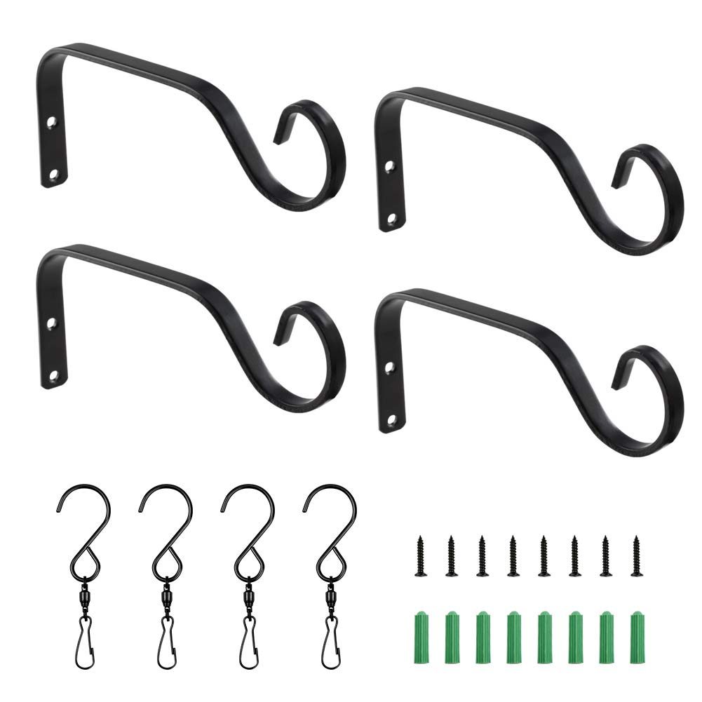Morobor Hanging Plant Bracket - 4 Pack 7.3 Inch Black Rust-Resistant Heavy Duty Flower Basket Hooks - Decorative Classic Iron Plant Hangers for Lanterns, Potted Plants & Wind Chimes - Perfect for Indoor/Outdoor Garden, Patio & Balcony Decor