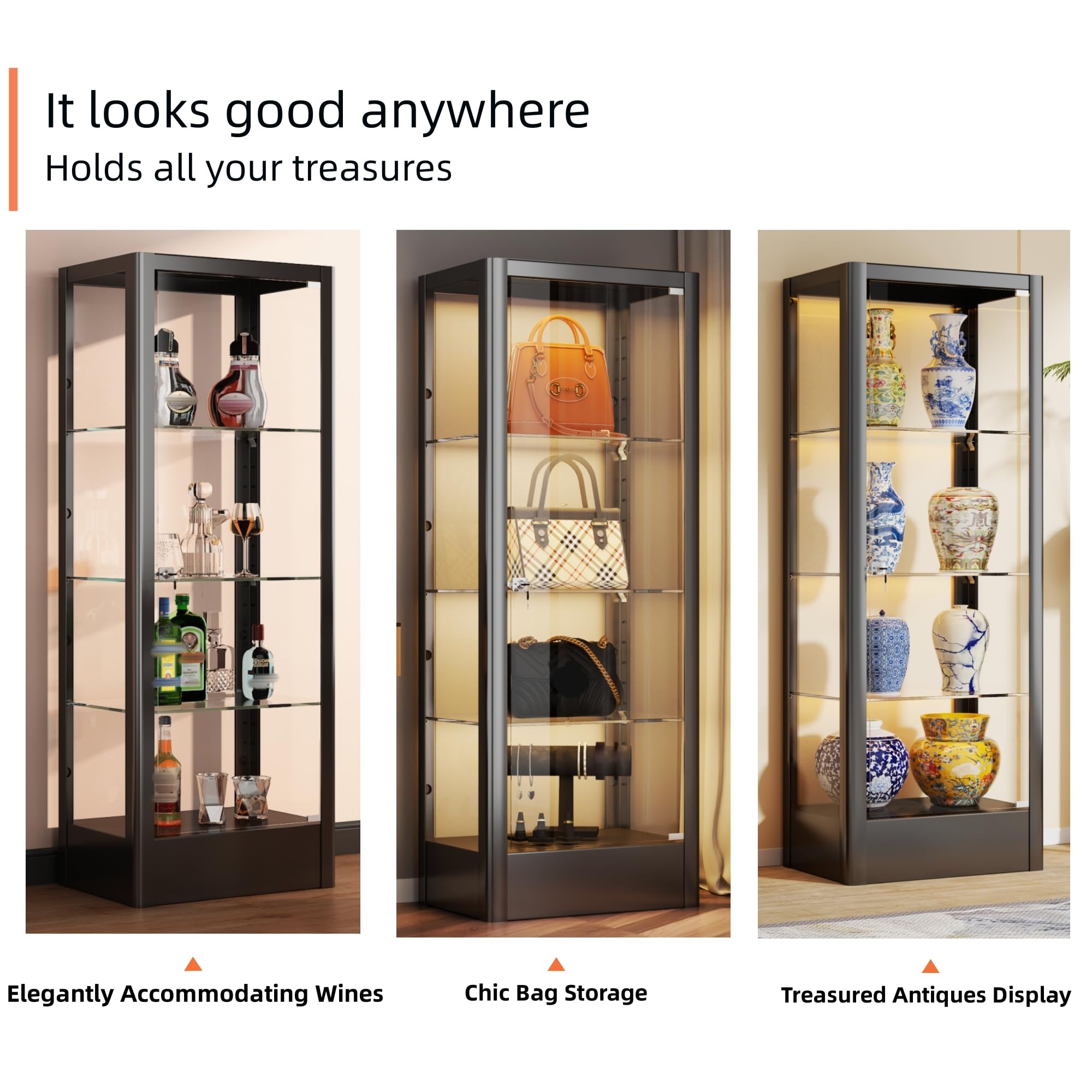 Modern Glass Display Cabinet with Adjustable 4 Shelves & Secure Lock - Black Curio Cabinet for Books, Toys & Collectibles (63
