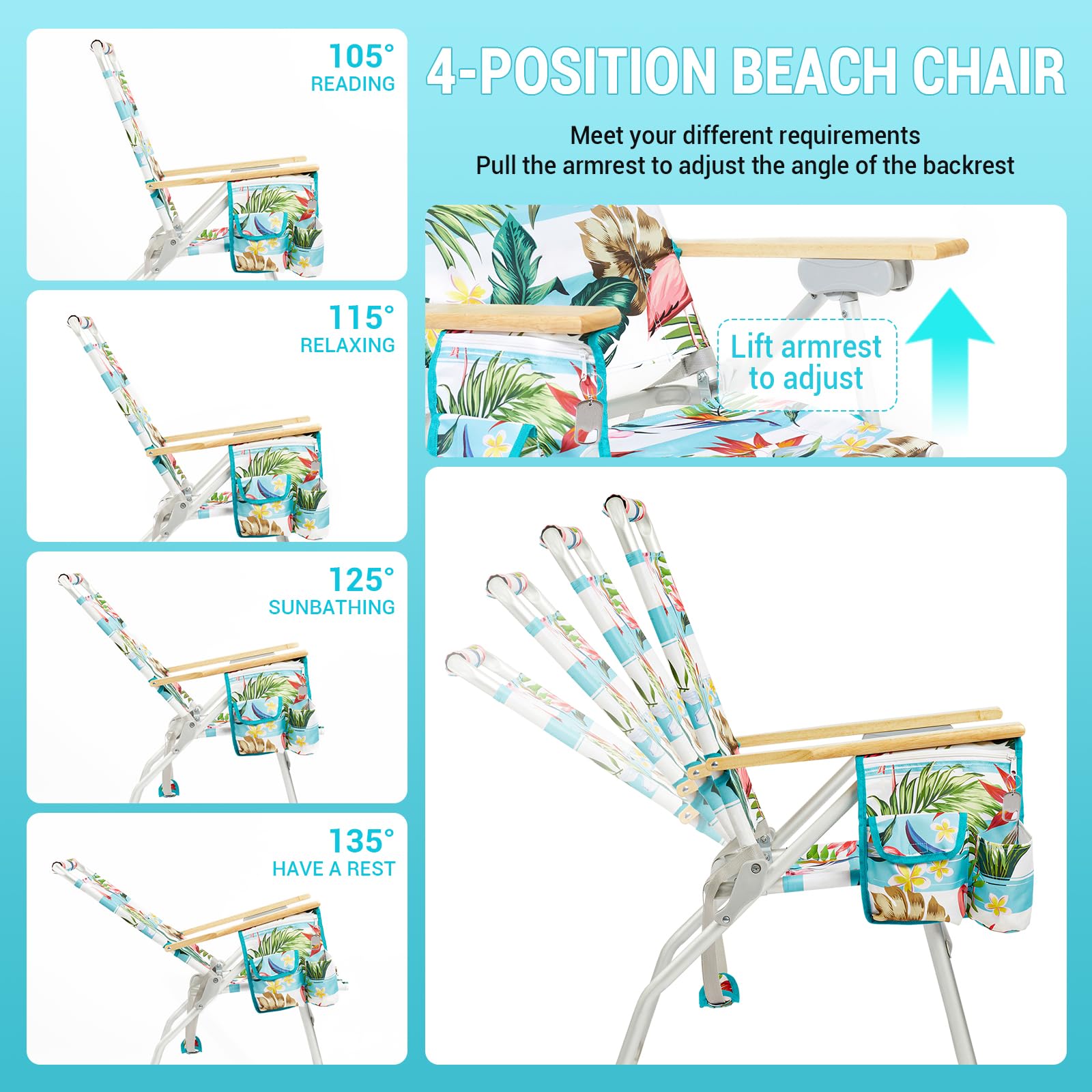 WEJOY High Back Aluminum Beach Chair - 2 Pack Adjustable Folding Camping Chairs with Wooden Armrest, Cup Holder & Storage Bag for Outdoor, Fishing, Sunbathing (Cyan Pink) - Perfect for Beach, Poolside, Backyard & Picnics