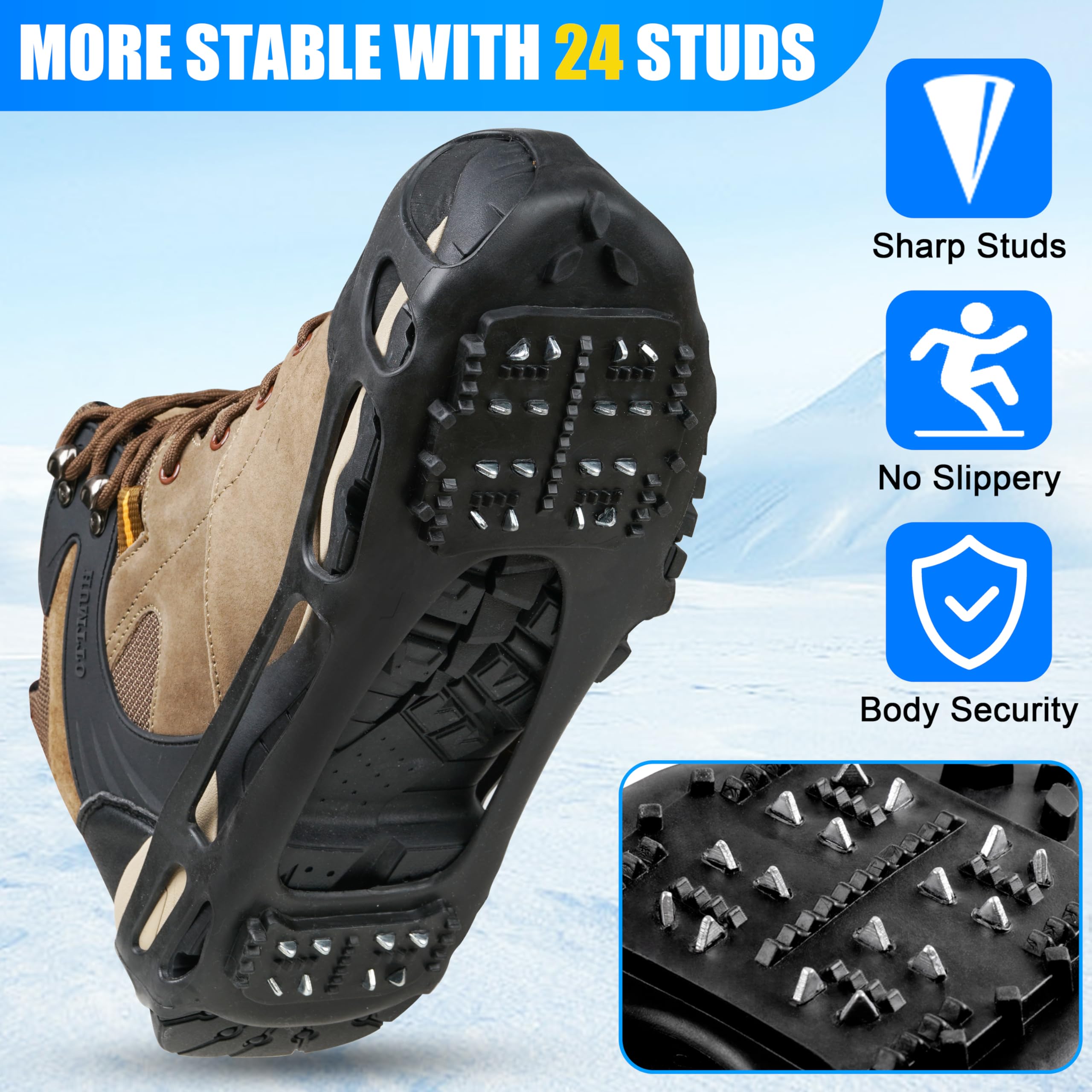 Ice Cleats for Shoes & Boots - Non-Slip Snow Traction Crampons with 24 Studs for Men & Women | Anti-Slip Shoe Grippers for Winter Walking, Hiking & Outdoor Activities on Snow & Ice