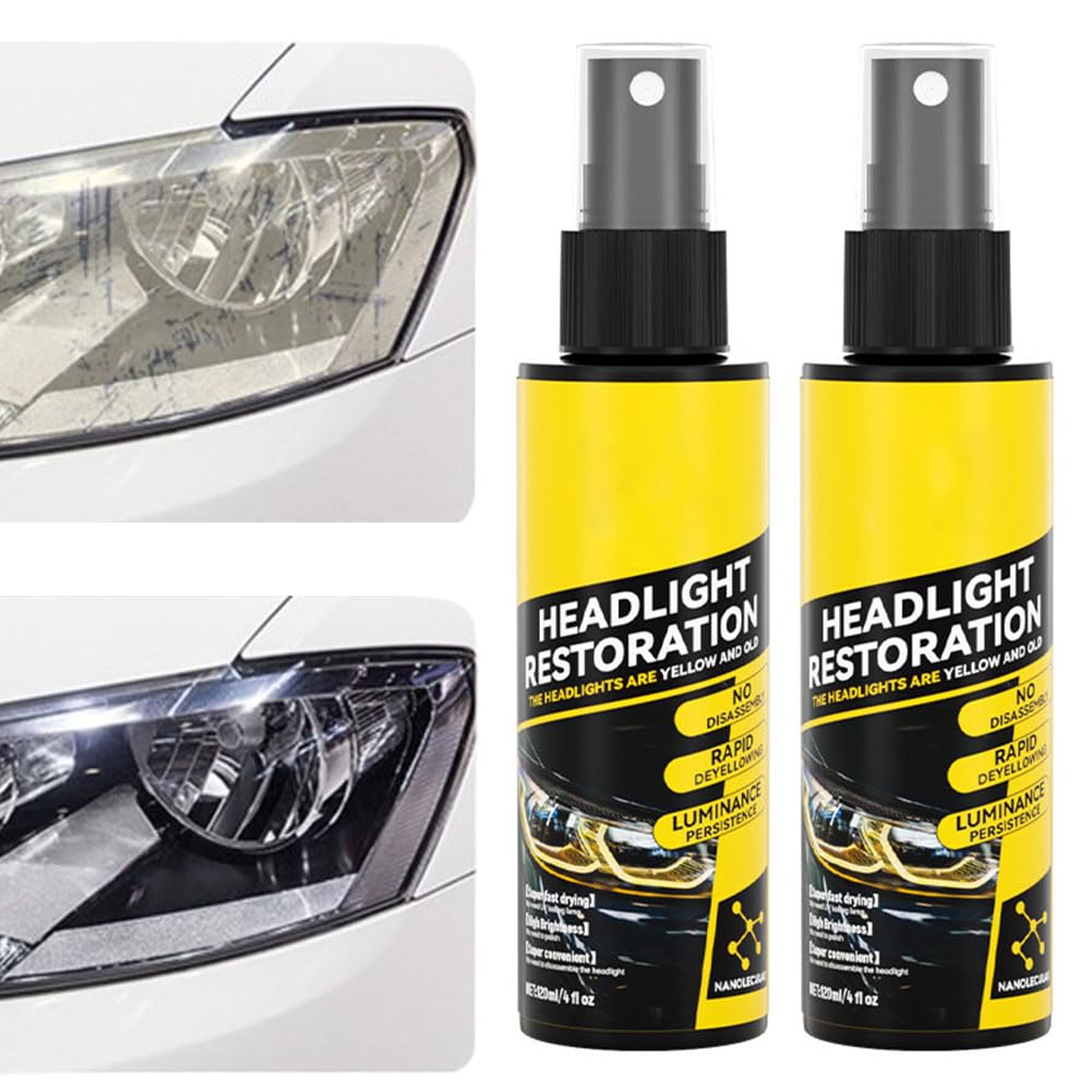 2024 Upgraded Car Headlight Restoration Kit - 2PCS Headlight Cleaner & Restorer Spray, Remove Yellowing & Dimming for Brighter Lights - Perfect for Night Driving & Foggy Conditions