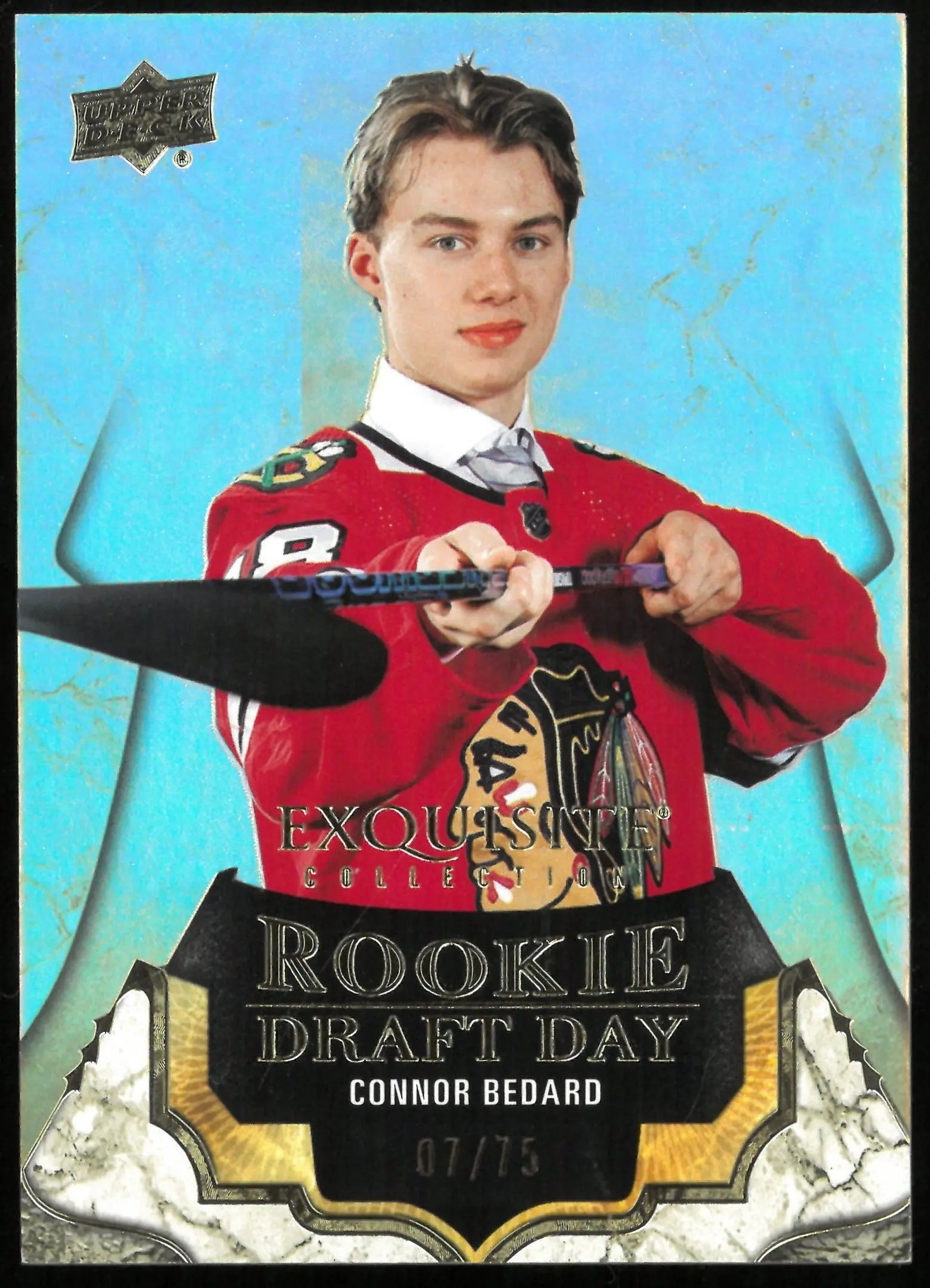 2023-24 Upper Deck Exquisite Collection Connor Bedard Rookie Draft Day Gold Parallel /75 - Rare Hockey Trading Card for Collectors & Sports Fans