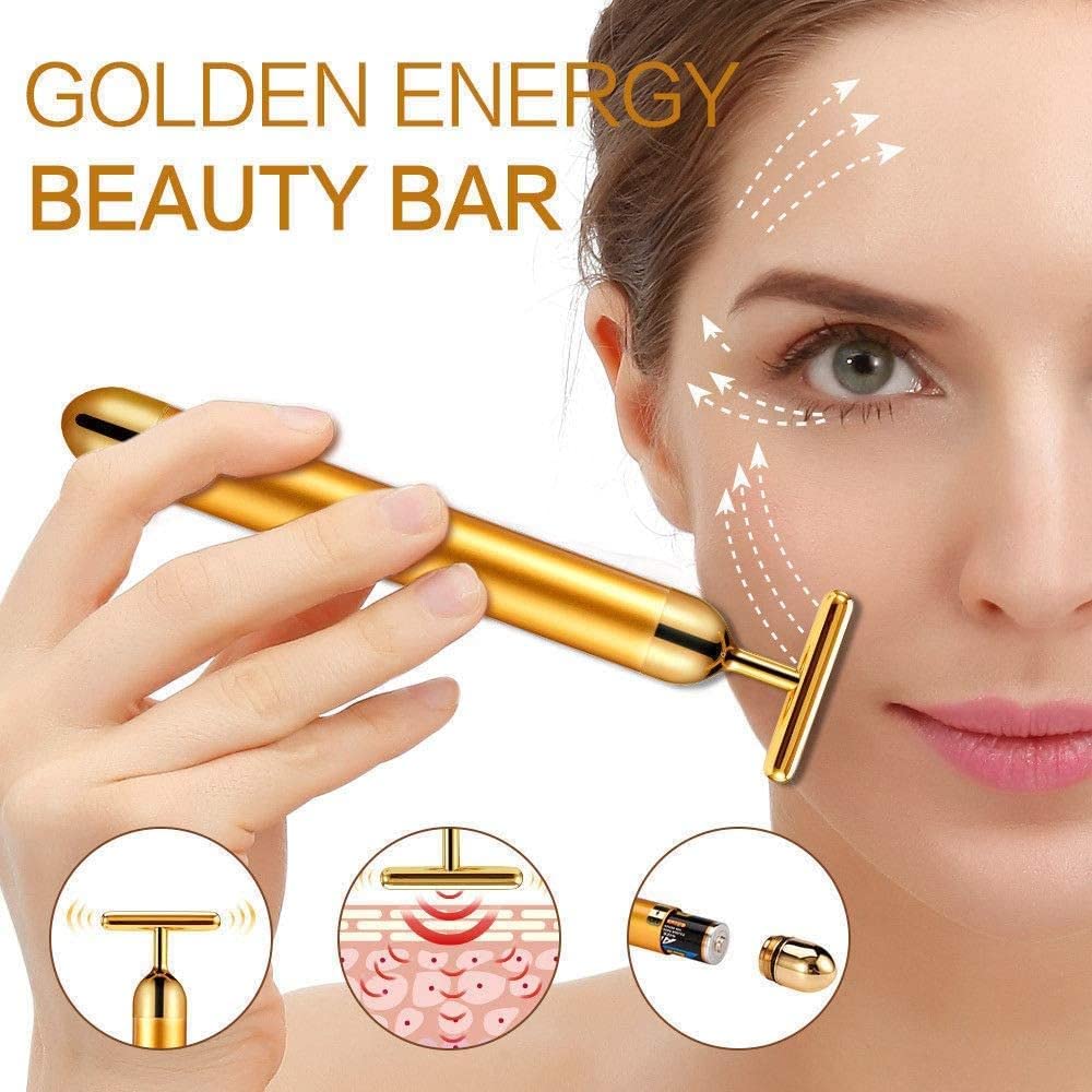 24K Gold Facial Massager Roller - Electric Vibration Beauty Bar for Anti-Wrinkle & Skin Tightening | Waterproof T-Shaped Face Roller with Gua Sha Jade Stone & Face Stone | Perfect for Home Spa, Skincare Routine & Relaxation Therapy