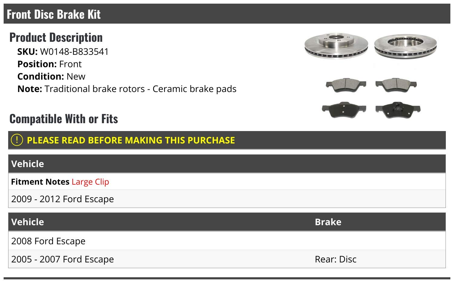 High-Performance Front Disc Ceramic Brake Pad and Rotor Kit for 2005-2012 Ford Escape | Durable & Quiet Braking | Perfect for Daily Commuting & Off-Road Adventures