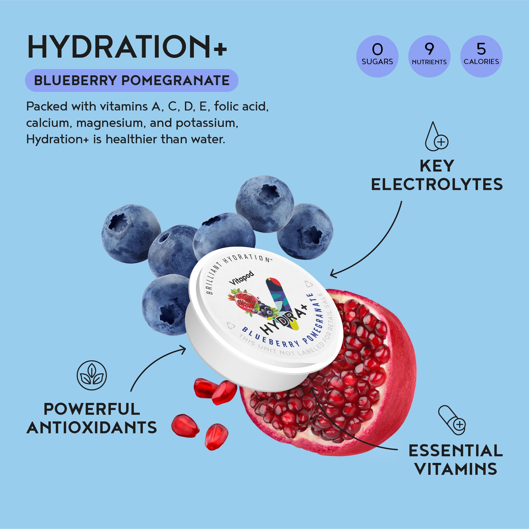 Vitapod Hydra+ Blueberry Pomegranate Hydration Drink Mix - 30 Pods with Electrolytes, Antioxidants & Vitamins C, A, D, E - Sugar Free Water Enhancer for Sports, Gym, Hiking & Daily Hydration