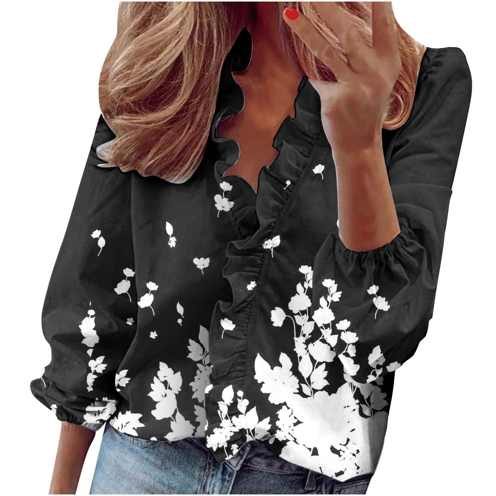 Women's Long Sleeve Blouse - Floral Print V-Neck Ruffle Top - Loose Fit Casual & Elegant Office Wear - Perfect for Work, Date Night & Spring Outfits