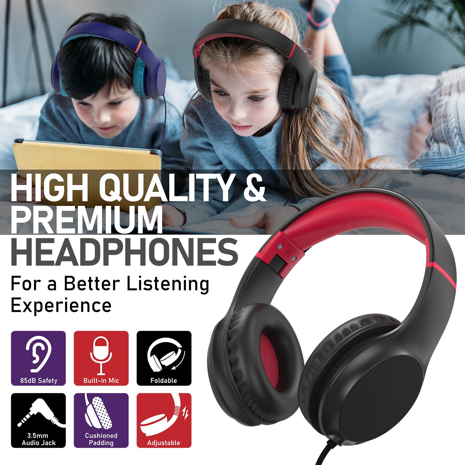 FosPower Kids Headphones with 3.5mm Jack - Volume Limited 85dB Safe Headphones for Children & Teens - Over Ear Foldable Adjustable Headset with Built-in Mic - Compatible with Smartphones, PC, Tablet, Laptop - Ideal for School, Online Classes & Travel - Black/Red