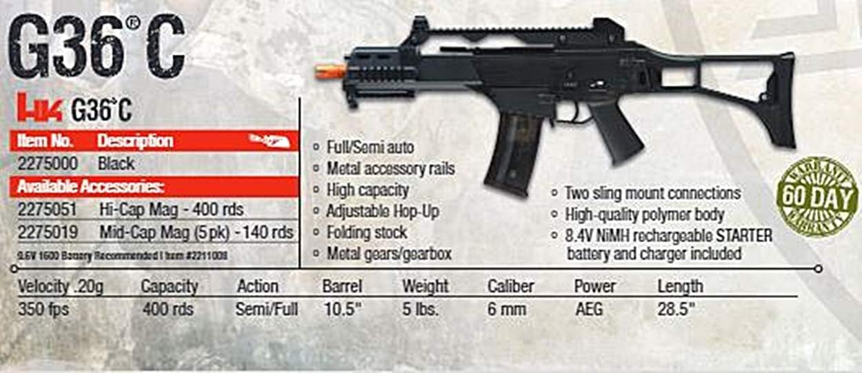 HK Heckler & Koch G36C AEG Airsoft Rifle - 6mm BB Automatic Electric Gun - Competition Series (Black) - Perfect for Tactical Training & Airsoft Battles