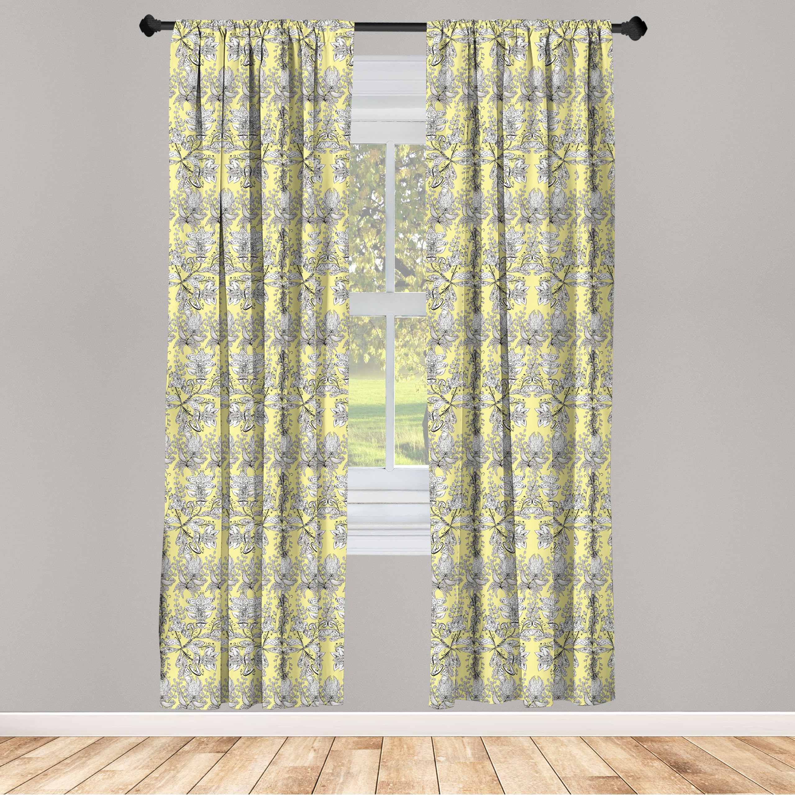 Bohemian Grey and Yellow Window Curtains with Floral Leaf Swirls & Dots - Lightweight Black & White Decor 2-Panel Set (28