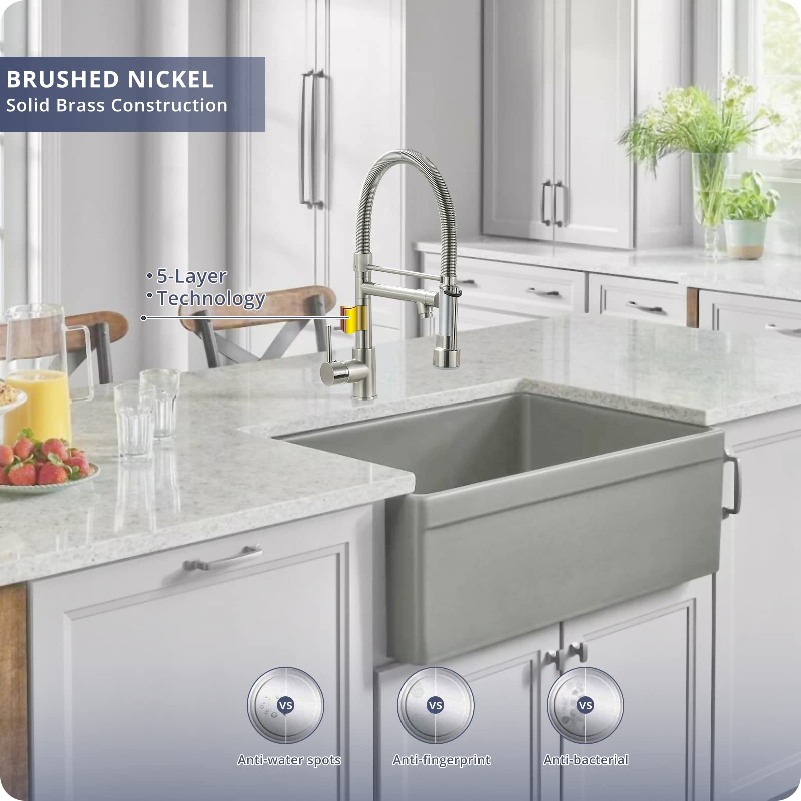 Fapully Pull Down Kitchen Faucet with Lock Sprayer - Single Handle Spring Stainless Steel Sink Faucet in Brushed Nickel | Ideal for Modern Kitchens, Restaurants & RV Use