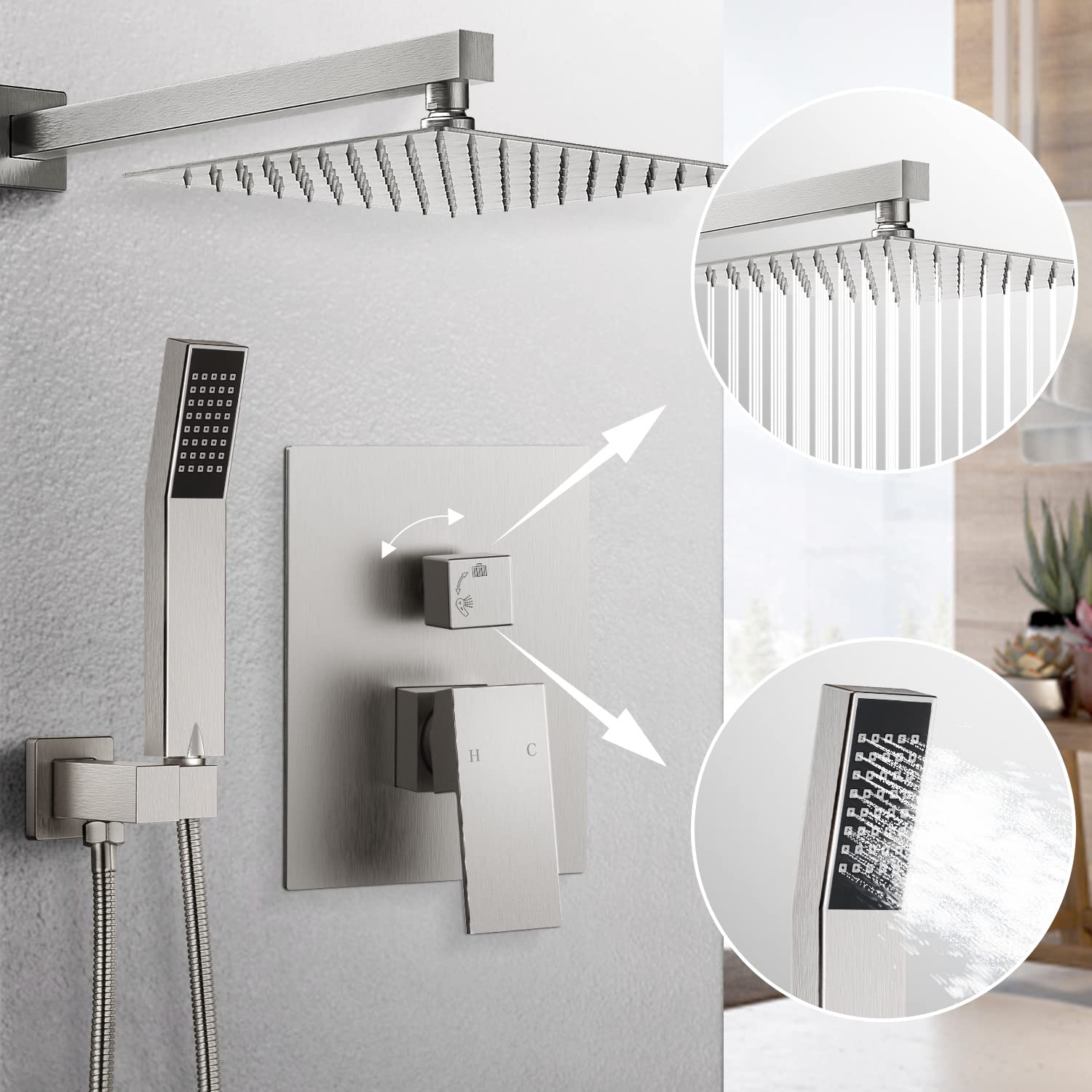 Premium Rainfall Shower System - 12 Inch Rain Shower Head & Handheld Square Shower Combo, Brushed Nickel Wall Mount Faucet with Pressure Balance Valve for Luxurious Spa-Like Bathroom Experience