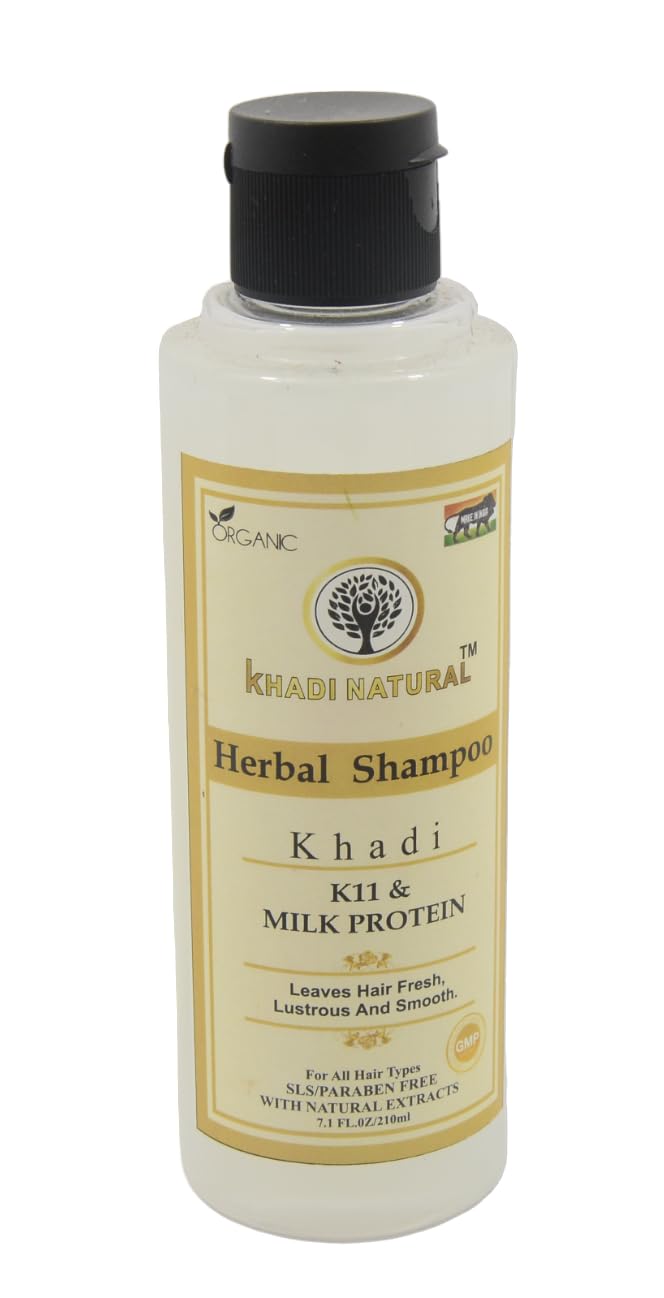 Khadi Natural K11 & Milk Protein Shampoo 210ml - Organic Hair Cleanser for Strong, Healthy Hair - Sulfate Free & Vegan Formula - Perfect for Dry, Damaged Hair Care & Scalp Nourishment