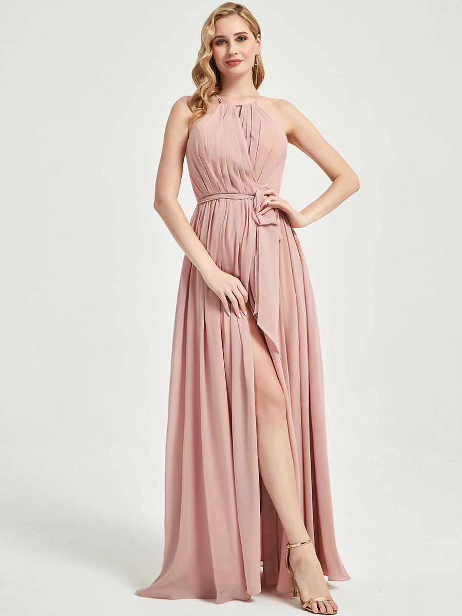 Elegant Dark Navy Halter Neck Slit Wrap Chiffon Bridesmaid Dress - Floor Length Formal Gown for Weddings, Parties & Special Occasions
