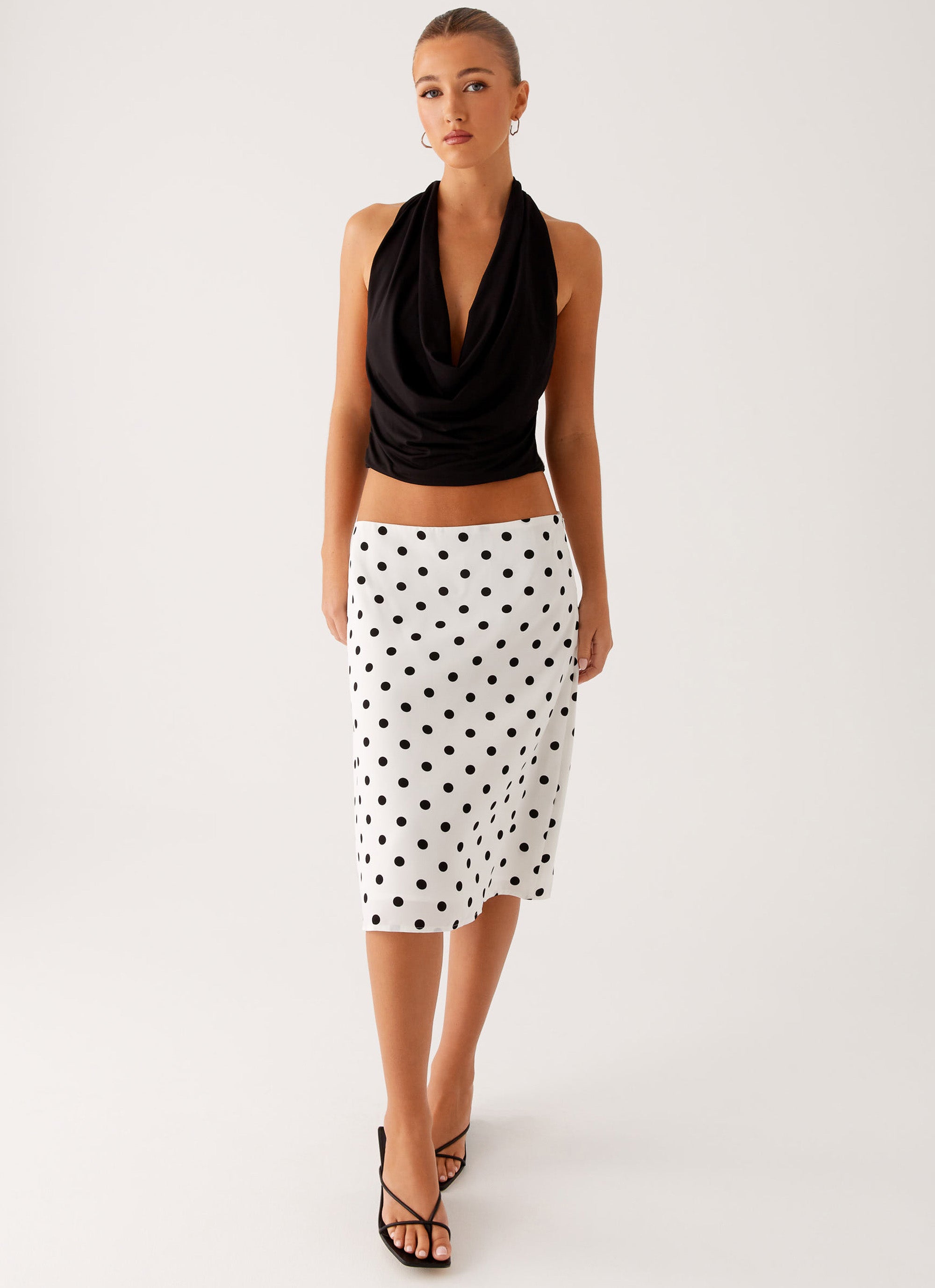 Evoke Chiffon Midi Skirt - White Polka Dot Flowy Summer Skirt for Women | Boho Beach Dress, Casual Outfit & Party Wear