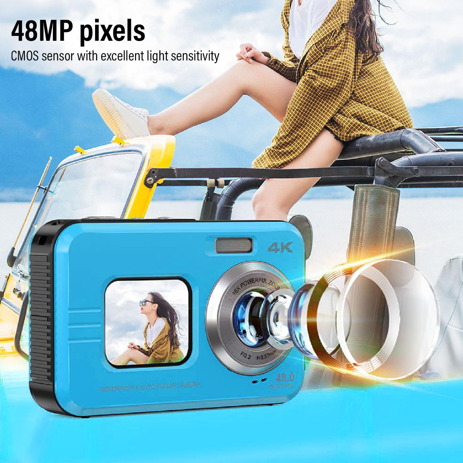 4K Underwater Camera 48MP Autofocus 11FT Waterproof Digital Camera with HD IPS Dual Screens & 16X Zoom - Floatable Selfie Camera with 700mAh Battery for Snorkeling, Diving, Swimming & Beach Vacations (Blue)
