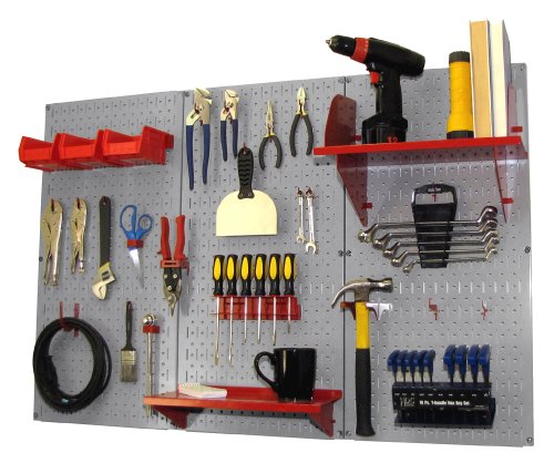 Gray Pegboard with Red Accessories