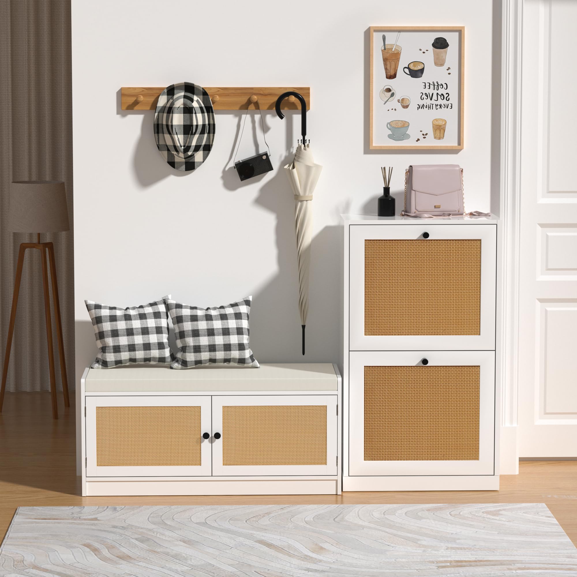 Anmytek White Rattan Shoe Cabinet - 2-Tier Wooden Shoe Rack with 2 Flip Drawers, Entryway Storage Organizer for Hallway, Living Room & Bedroom (Model S0002) - Perfect for Small Spaces, Apartment Entryways & Shoe Organization