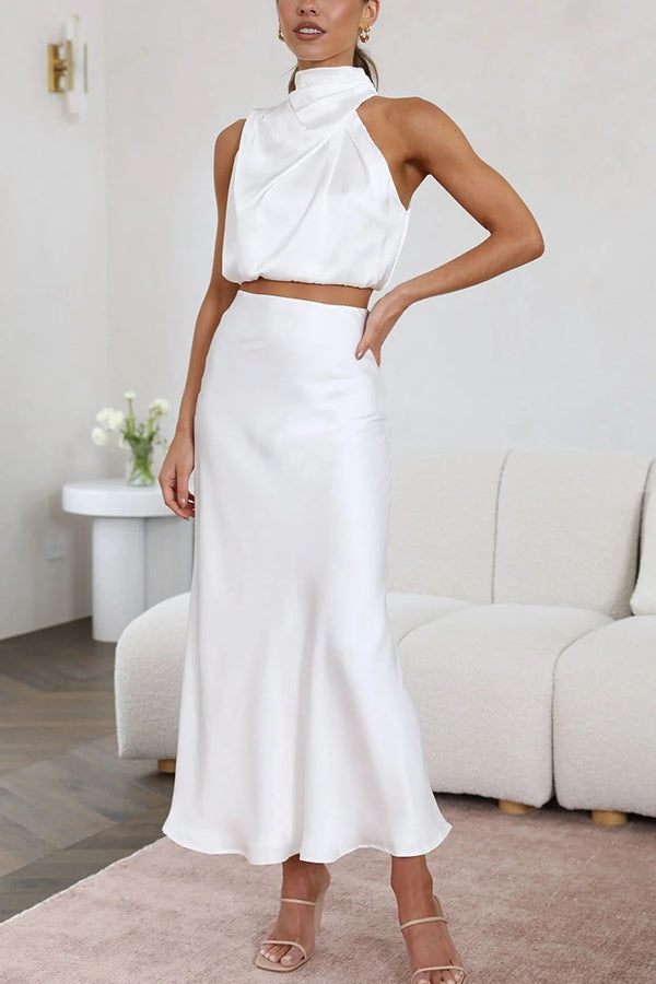 Such A Vibe Women's High Neck Satin Drape Maxi Skirt Set - Elegant Evening Dress for Parties, Weddings & Special Occasions