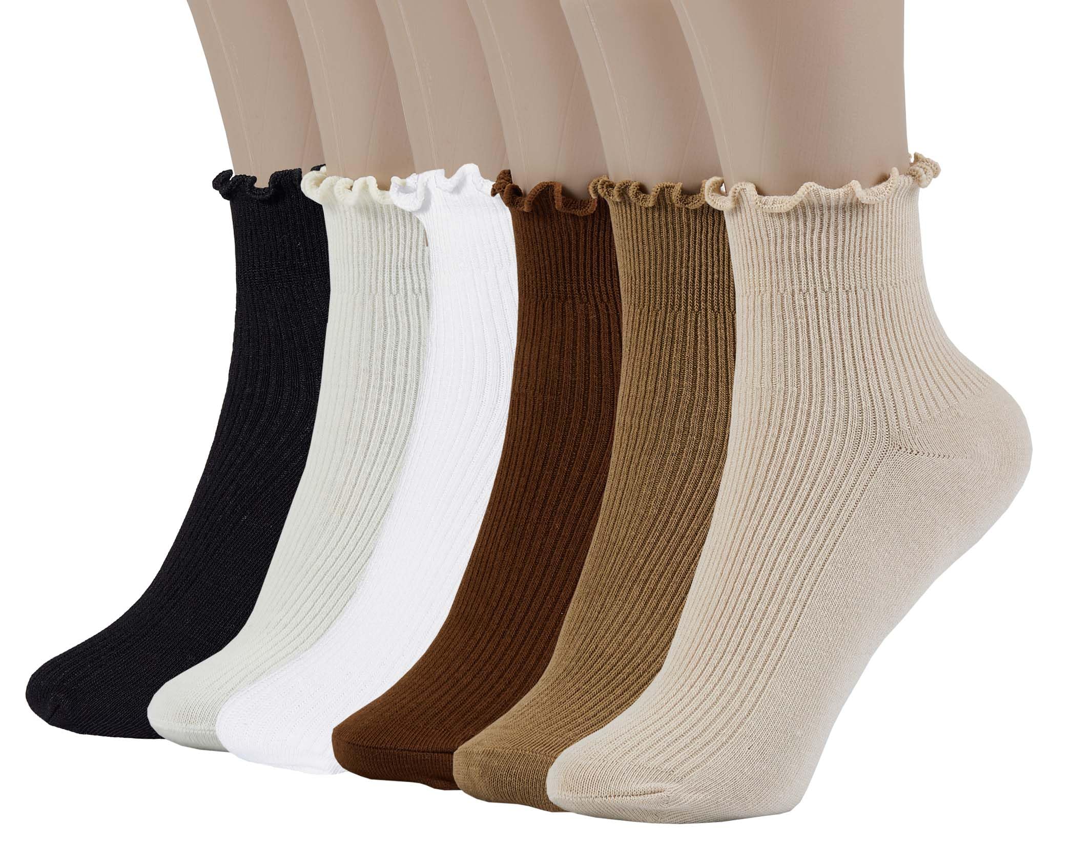 Women's Cute Ruffle Ankle Socks 6-Pack - Soft Cotton Knit Lettuce Trim Frilly Turn-Cuff Casual Socks for Everyday Wear, Outfits & Gifts