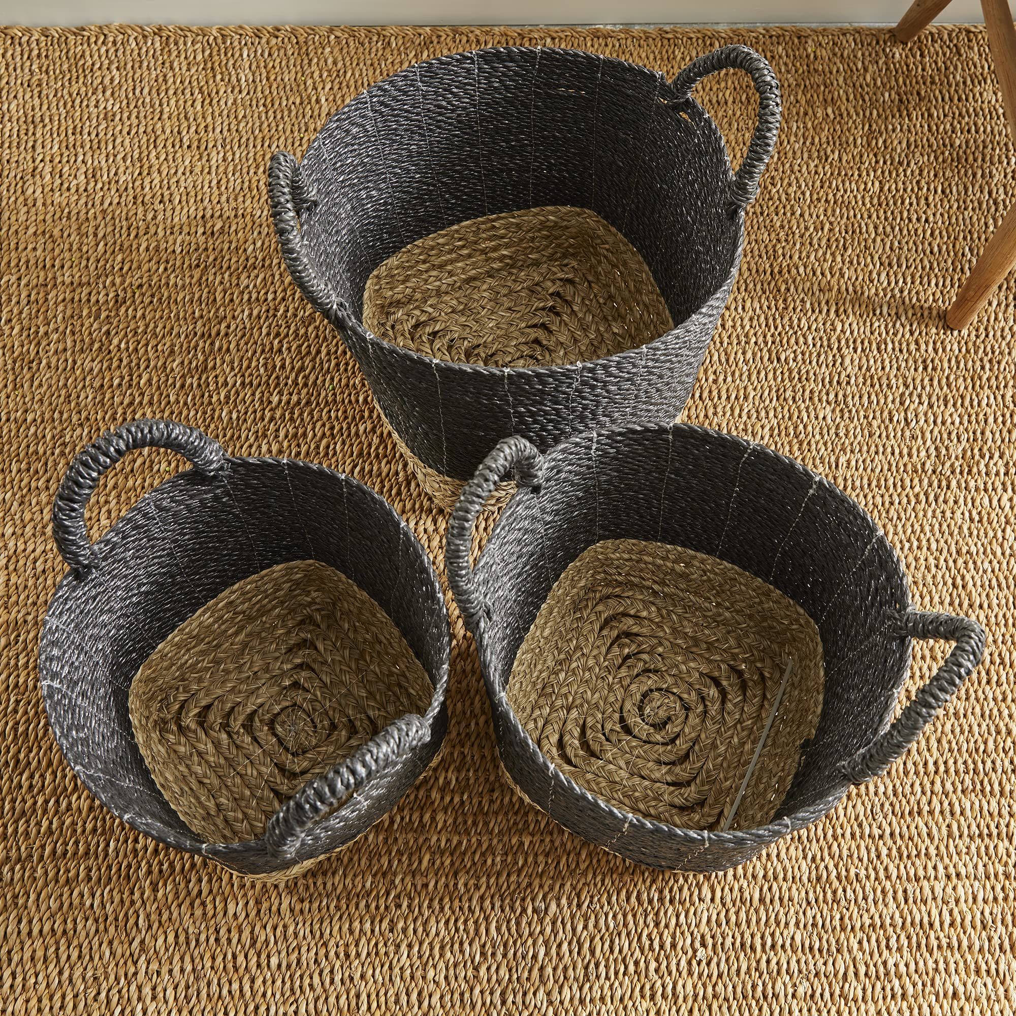 Napa Home & Garden Madura Market Baskets - Set of 3 (Black/Natural) - Stylish Storage for Farmers Market, Picnics & Home Decor