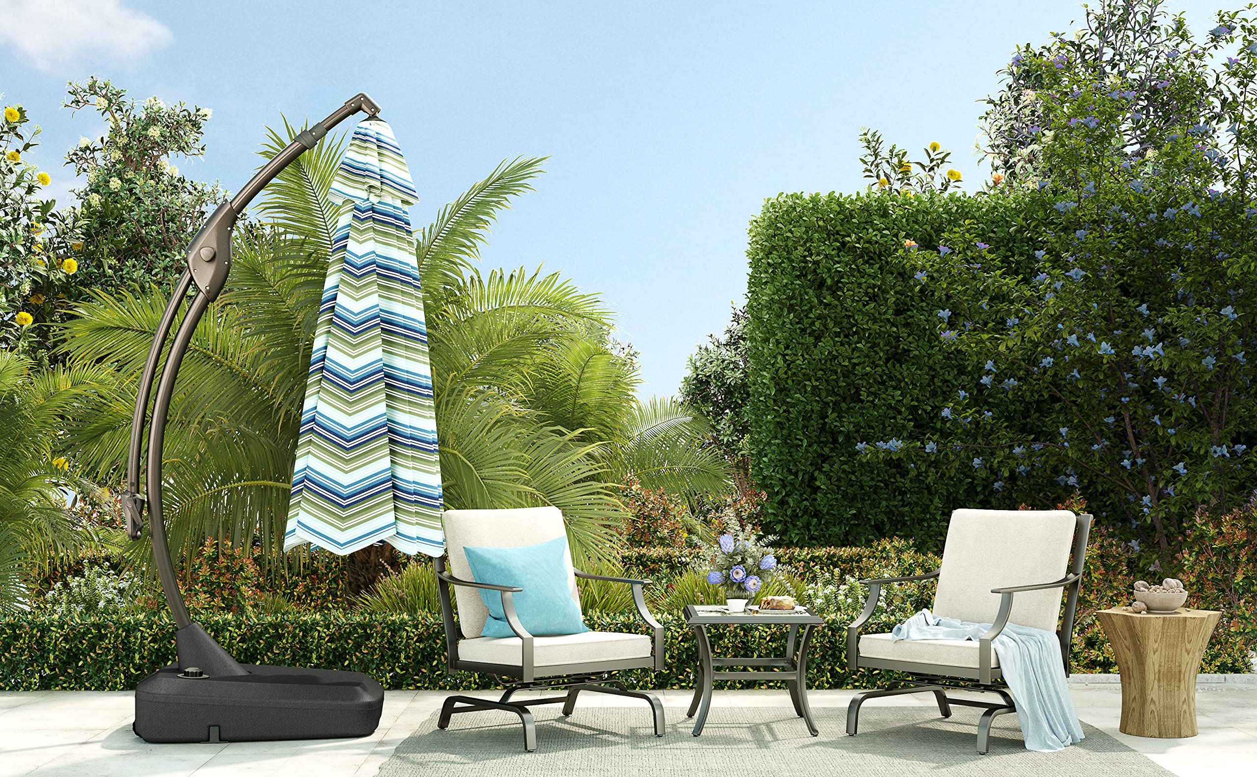 11FT Grand Patio Cantilever Offset Umbrella - Aluminum Outdoor Umbrella with Base for Pool, Garden, Deck (Stripes) - Perfect for Shade in Backyard, Beach & Outdoor Dining Areas