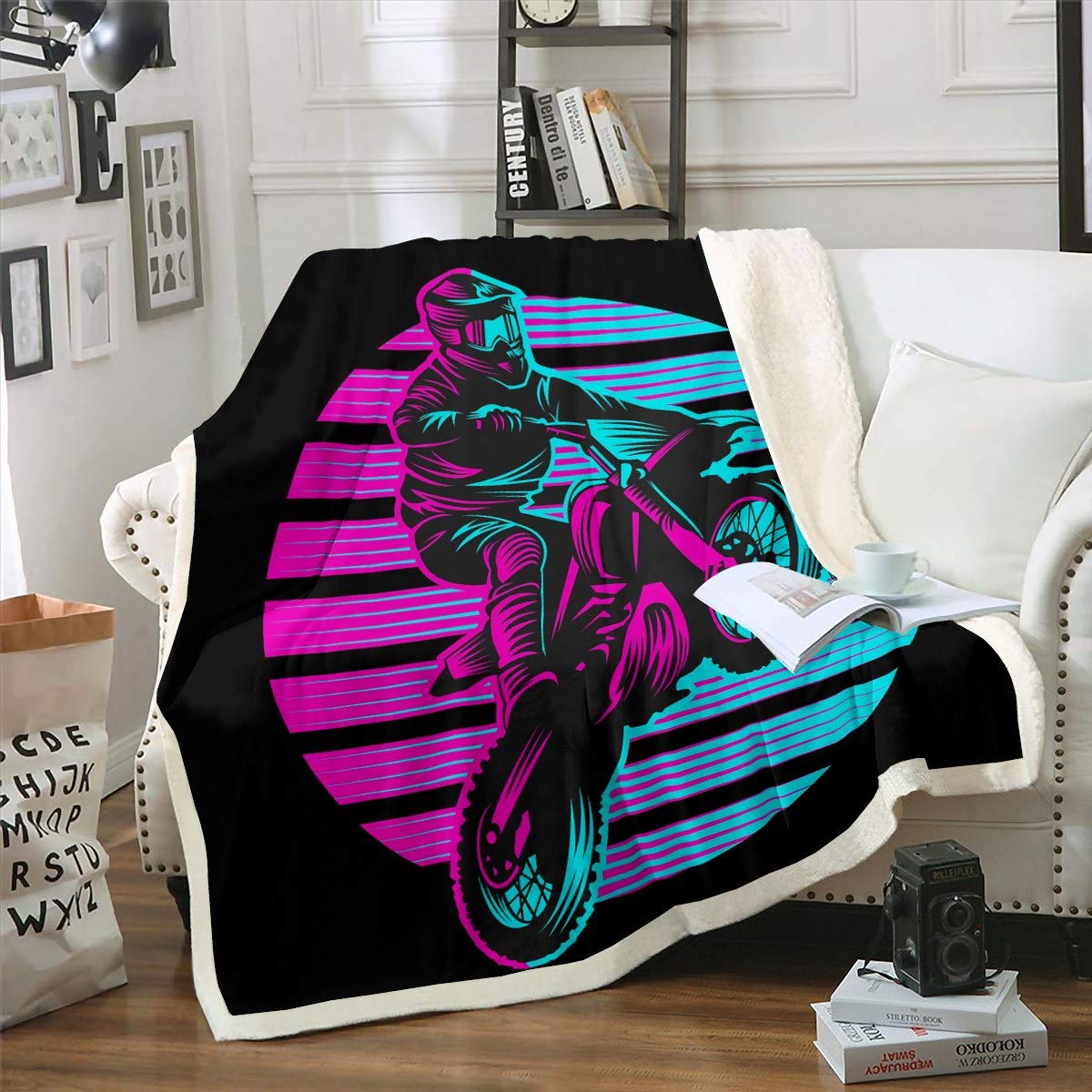 Motocross Rider Sherpa Fleece Throw Blanket - Extreme Sports & Motorcycle Design, Soft Plush Fuzzy Blanket for Couch, Sofa & Bed - Purple Teal Stripe, Black Dirt Bike Decor, Queen Size 90x90 Inches - Perfect for Gaming Rooms, Man Caves & Biker Gifts