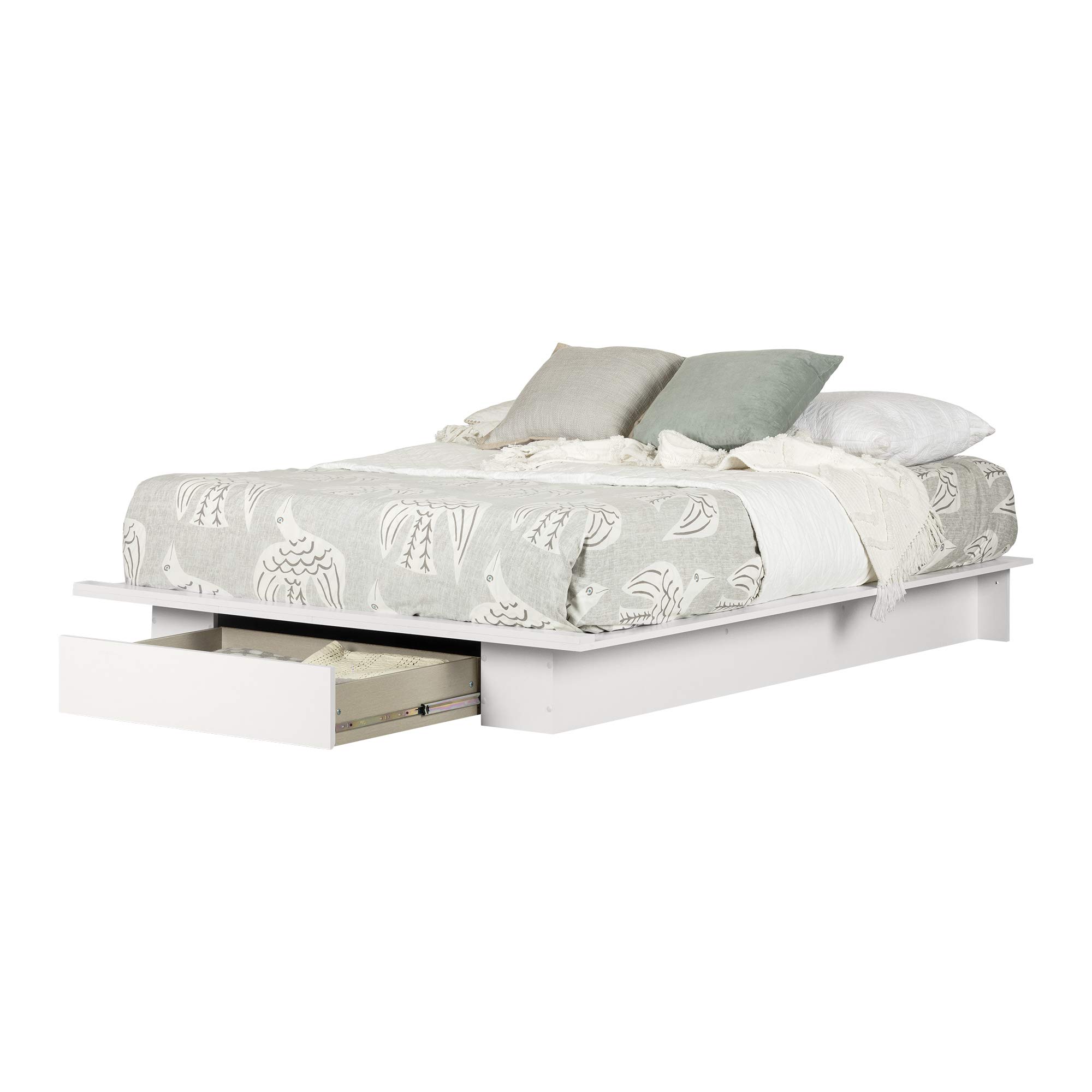South Shore SOUCS Holland Platform Bed with Drawer - Full/Queen Size, Pure White Finish - Modern Bedroom Furniture for Small Spaces & Guest Rooms