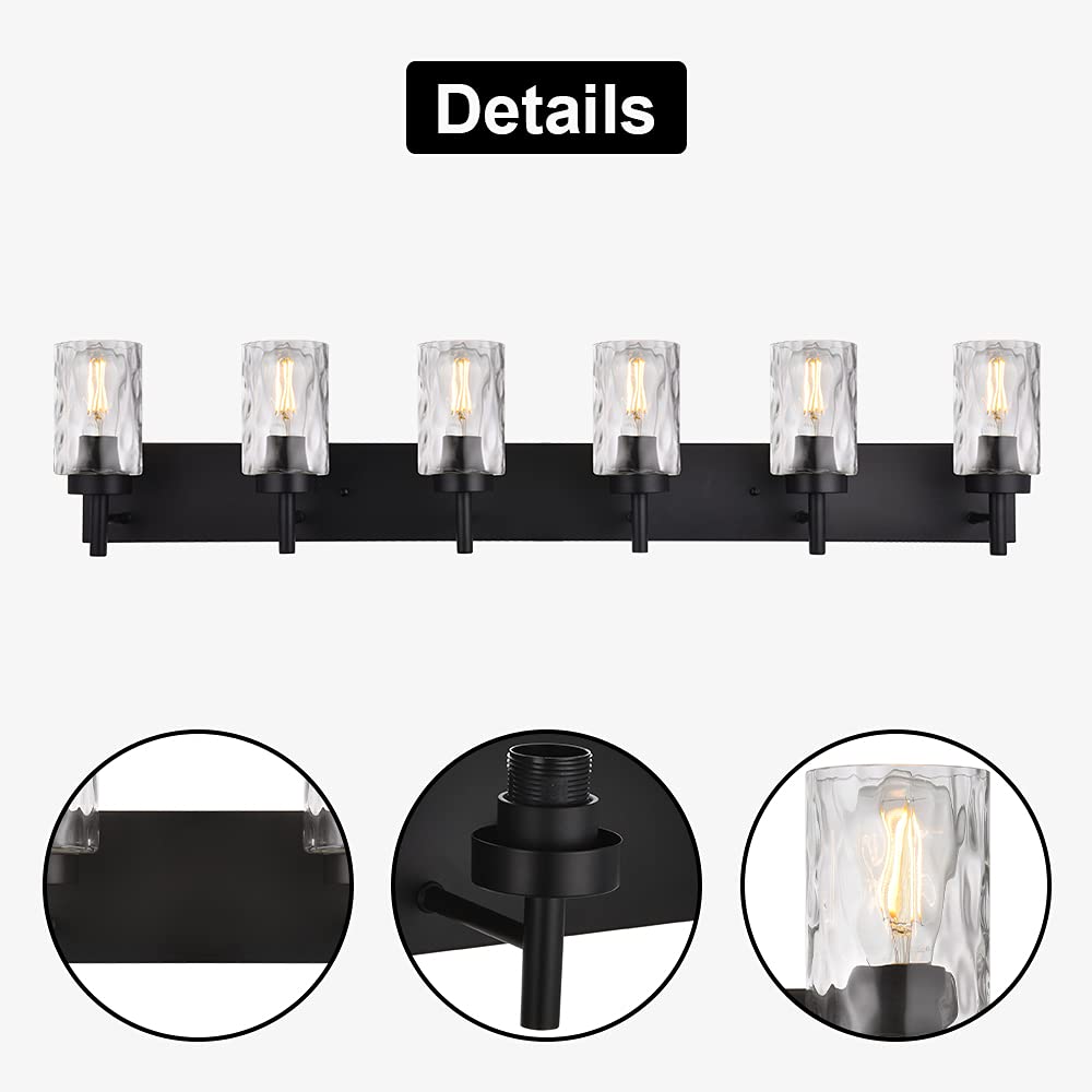 BONLICHT 6-Light Black Transitional Bath Vanity Light Fixture with Clear Hammered Glass - Industrial Farmhouse Metal Wall Sconce for Bathroom, Kitchen, Living Room & Dining Room - Perfect for Modern Home Decor and Ambient Lighting