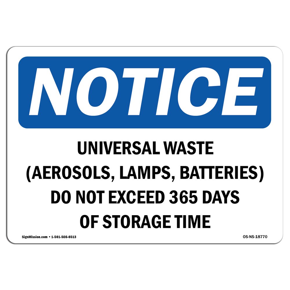 OSHA Compliant Universal Waste Sign - Aerosols, Lamps, Batteries Warning Label | Durable Vinyl Decal for Business & Construction Safety | Made in USA | Perfect for Warehouses, Recycling Centers & Hazardous Material Storage Areas