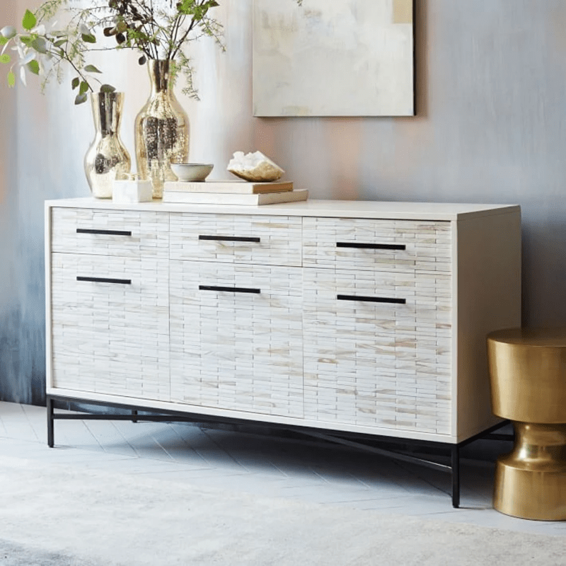 Handmade Tiled Buffet Sideboard with Metal Base - Bone Inlay Sideboard Cabinet for Dining Room, Living Room & Entryway Storage | Perfect for Home Decor & Entertaining Guests