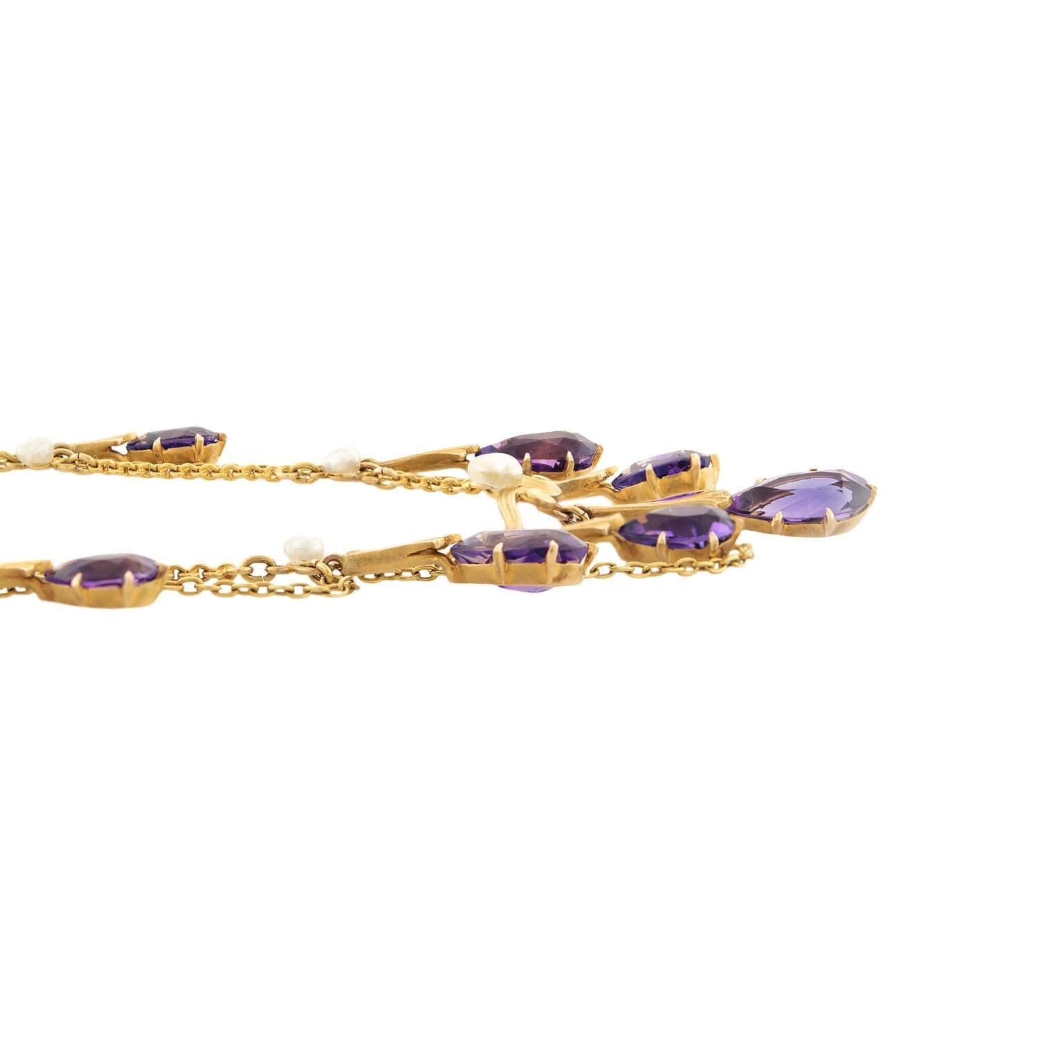 Victorian Style 14K Gold Amethyst and Pearl Festoon Necklace – Elegant Antique Jewelry for Weddings, Parties & Special Occasions