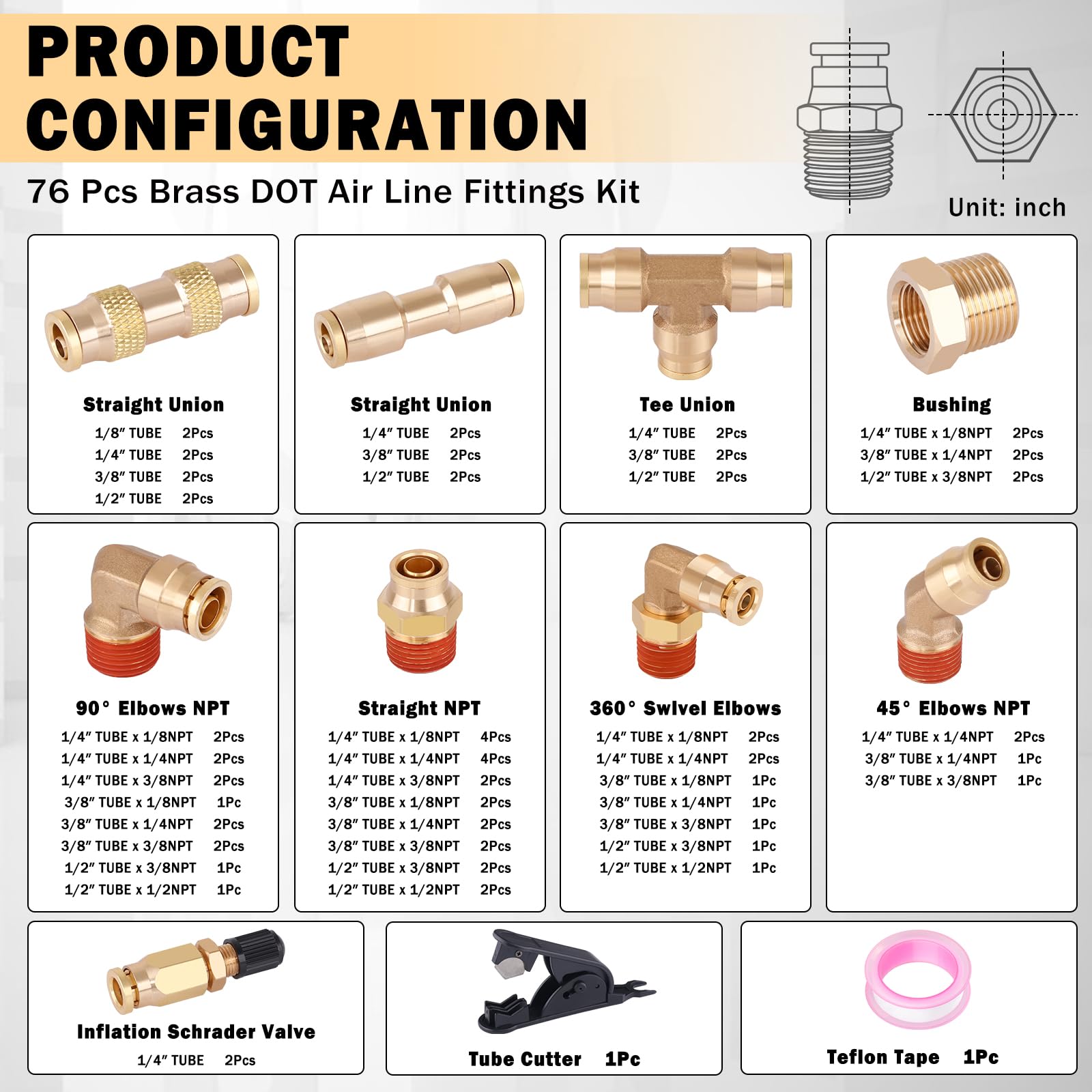 CheeMuii 76 Pcs Brass DOT Air Line Fittings Kit - Push Lock & Quick Connect Air Hose Fittings with NPT Thread - Compatible with Pneumatic Tubing for Air Compressors, HVAC Systems & Industrial Applications