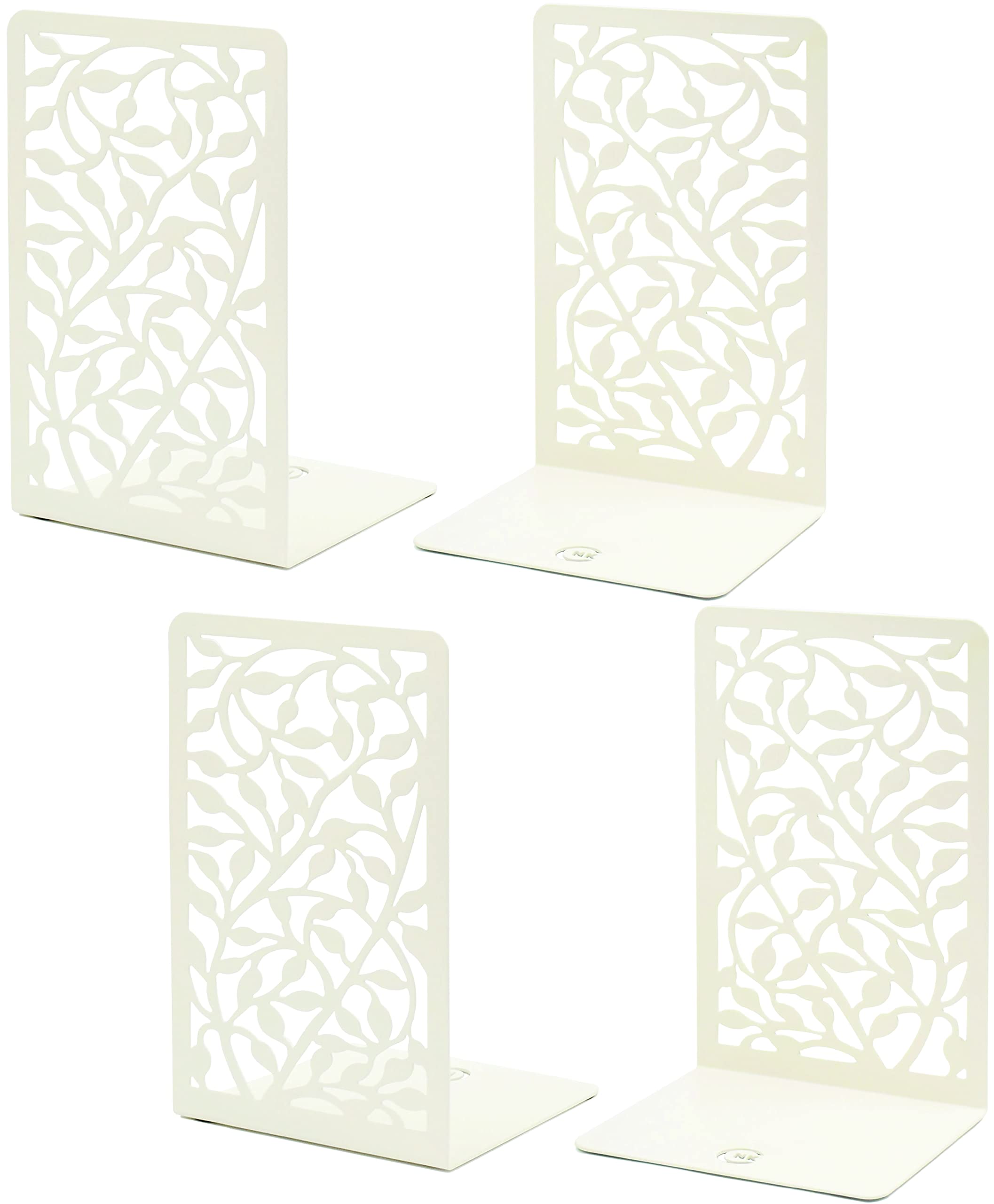 Decorative Metal Bookends Set of 4 - Heavy Duty Book Holders for Shelves, Cute Boho Style Bookend Stoppers - Perfect for Cookbooks, Office & Home Bookshelf Organization (White)