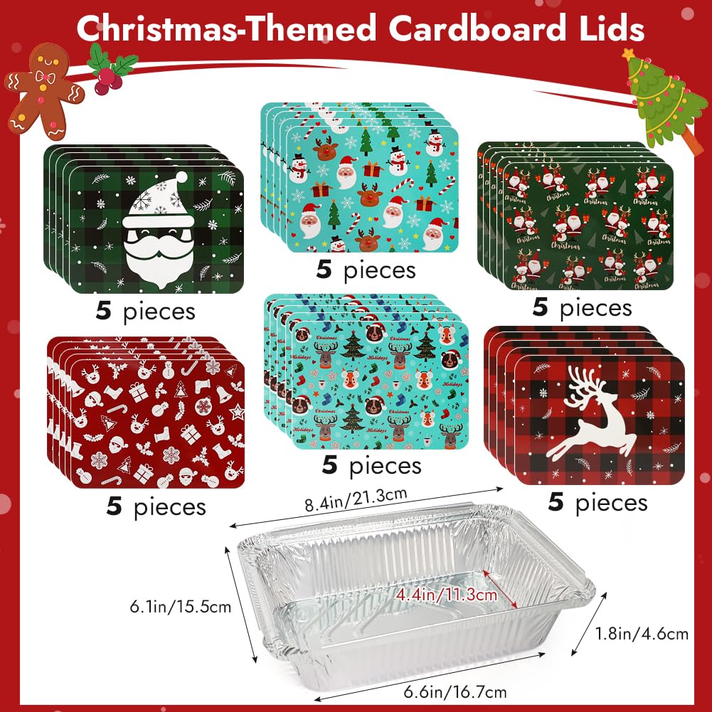 BYKITCHEN 30-Pack Christmas Aluminum Baking Pans with Lids - 8.4x6.1 Inch Rectangular Disposable Foil Cookie, Candy & Treat Containers for Holiday Food Storage, Gift Giving & Party Favors - Perfect for Christmas Baking, Cookie Exchanges & Holiday Treat Packaging