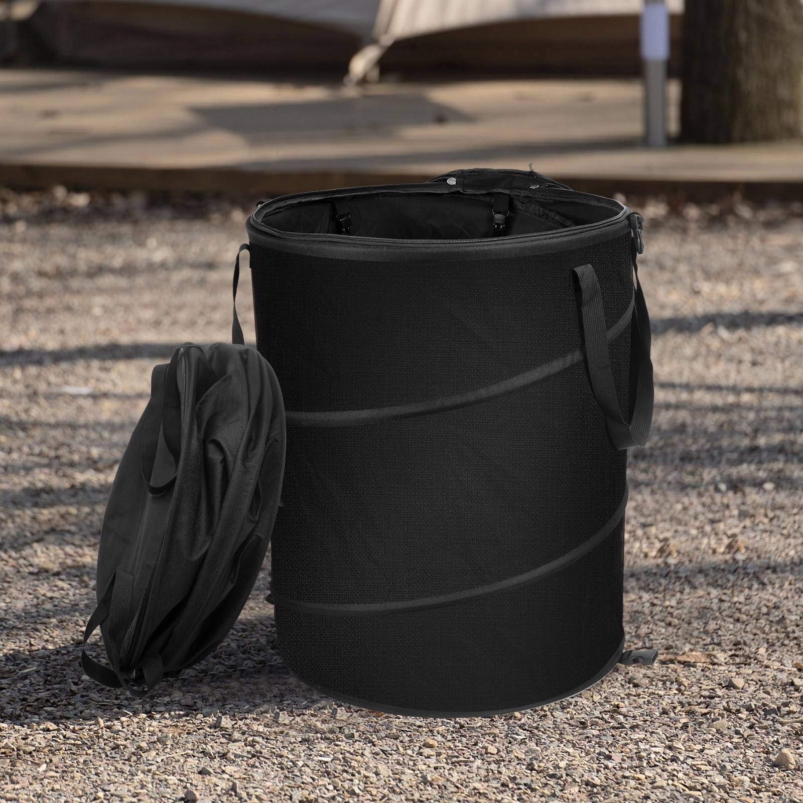 24 Gallon Collapsible Trash Can with Lid & Gloves - Large Capacity Reusable Outdoor Garbage Bag for Camping, Yard, Lawn & Garden - Perfect for Picnics, BBQs, Leaf Cleanup & RV Trips (Black)