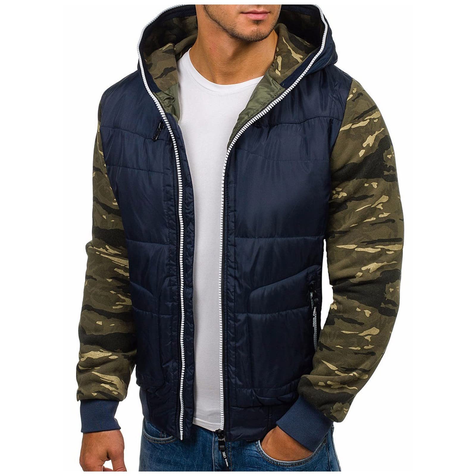 Men's Lightweight Puffy Jacket - Cotton Hooded Camouflage Patchwork Long Coat for Autumn & Winter | Outdoor Hiking, Camping, Streetwear Fashion