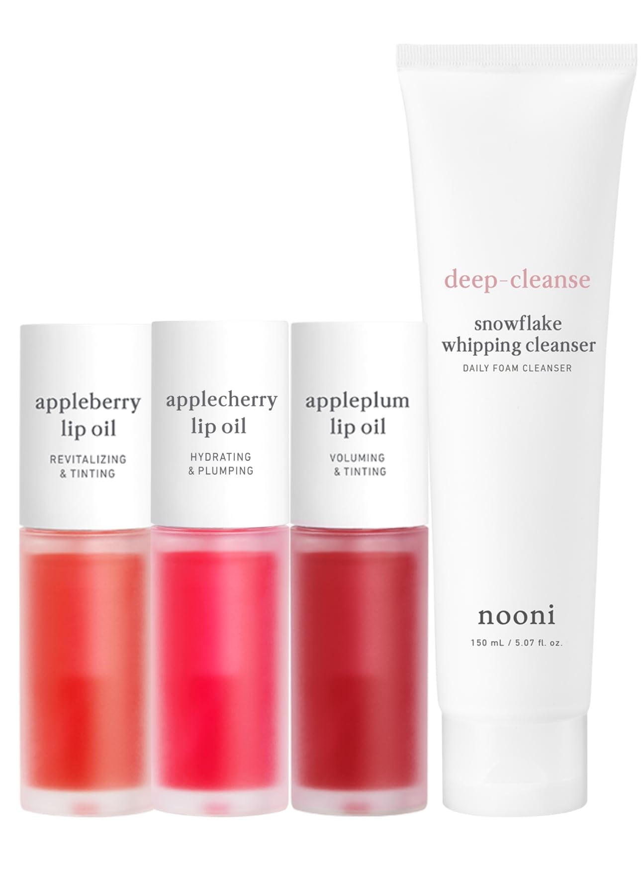 NOONI Korean Vegan Appleseed Lip Oil Trio Set - Appleberry, Applecherry & Appleplum Flavors + Snowflake Whipping Facial Cleanser 5.07oz Bundle | Hydrating Lip Care & Gentle Cleansing for Daily Skincare Routine