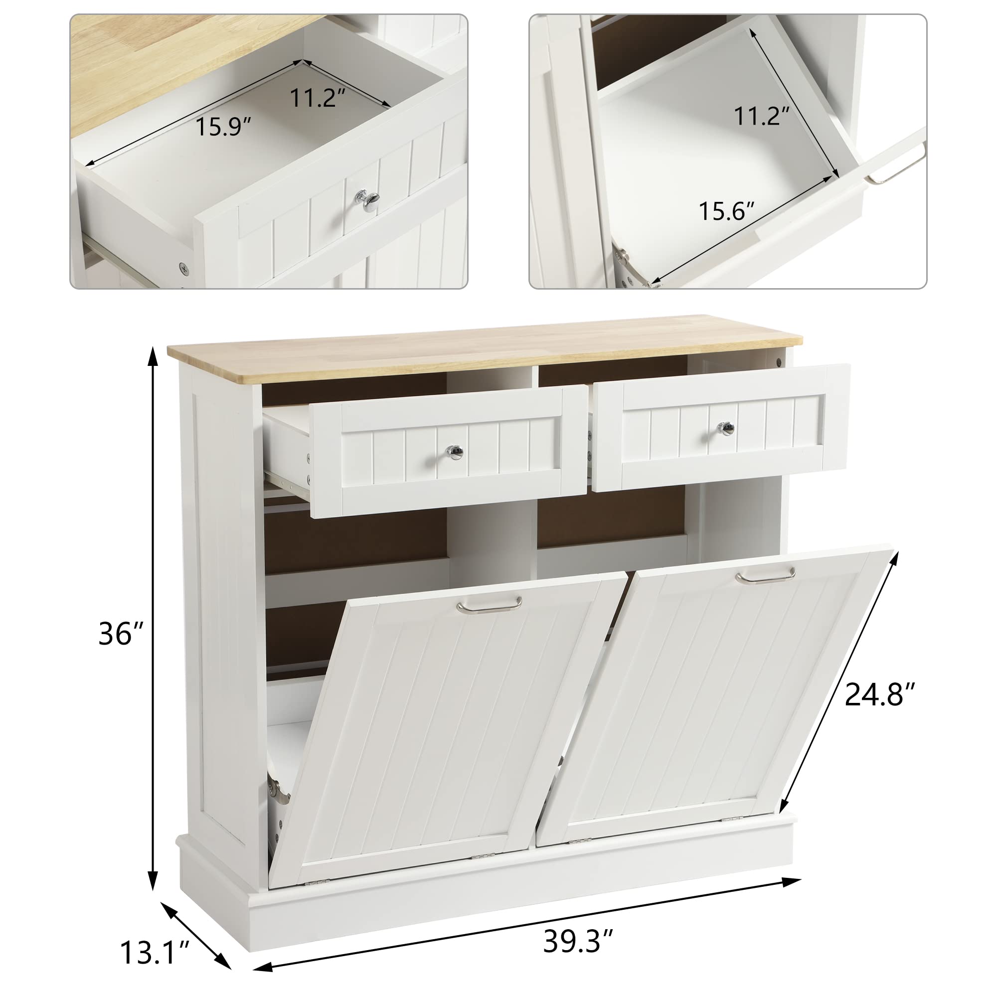 KIGOTY White Double Tilt Out Trash Cabinet - Pet Proof Kitchen Trash Can with Countertop, Drawer & Storage | Wooden Laundry Hamper for Kitchen Organization | Perfect for Small Spaces & Pet-Friendly Homes