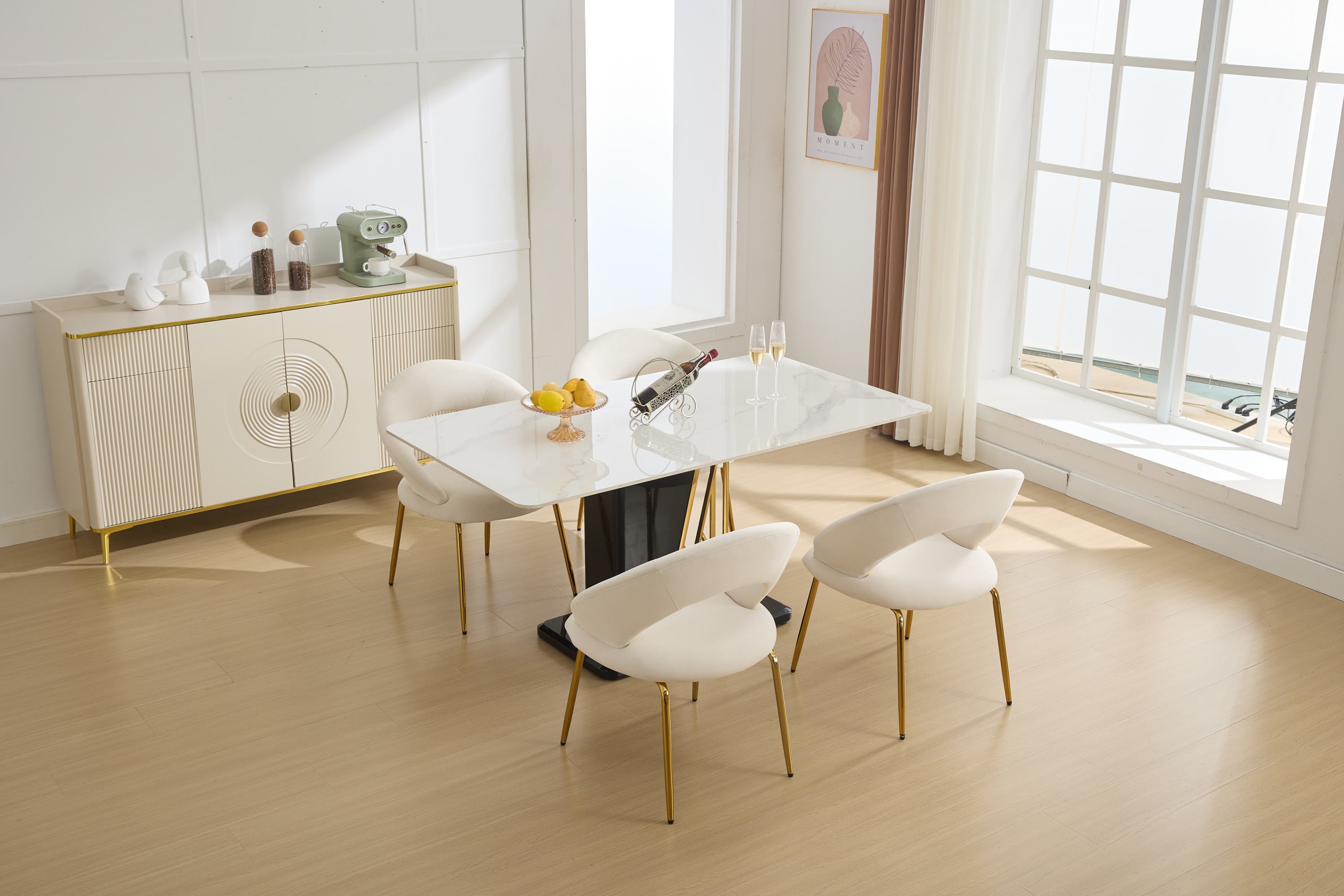Velvet Dining Chairs Set of 1 - White Upholstered Kitchen Chairs with Curved Backrest & Gold Metal Legs for Dining Room, Restaurant or Home Decor