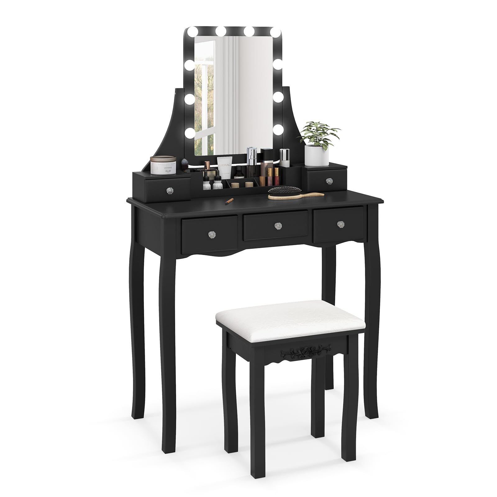 Charmaid Vanity Desk with LED Lights & Mirror - Modern Makeup Dressing Table with 5 Storage Drawers, 3-Color Lighting Modes & Adjustable Brightness - Includes Vanity Stool (Black) - Perfect for Bedroom, Dressing Room & Beauty Salon Setup