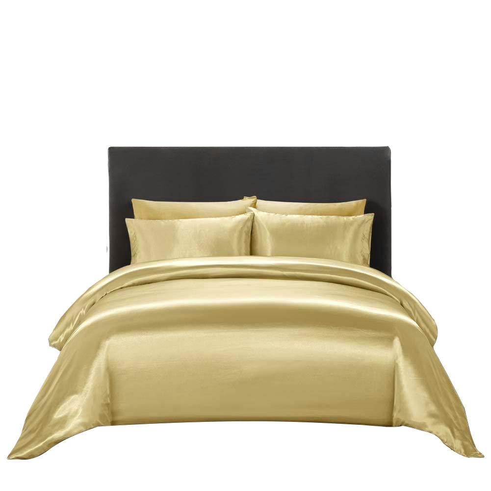 Luxury Ultra Soft Silk Satin King Size 4-Piece Duvet Cover Set - Gold Bedding with Zipper Closure (Duvet Cover + 19